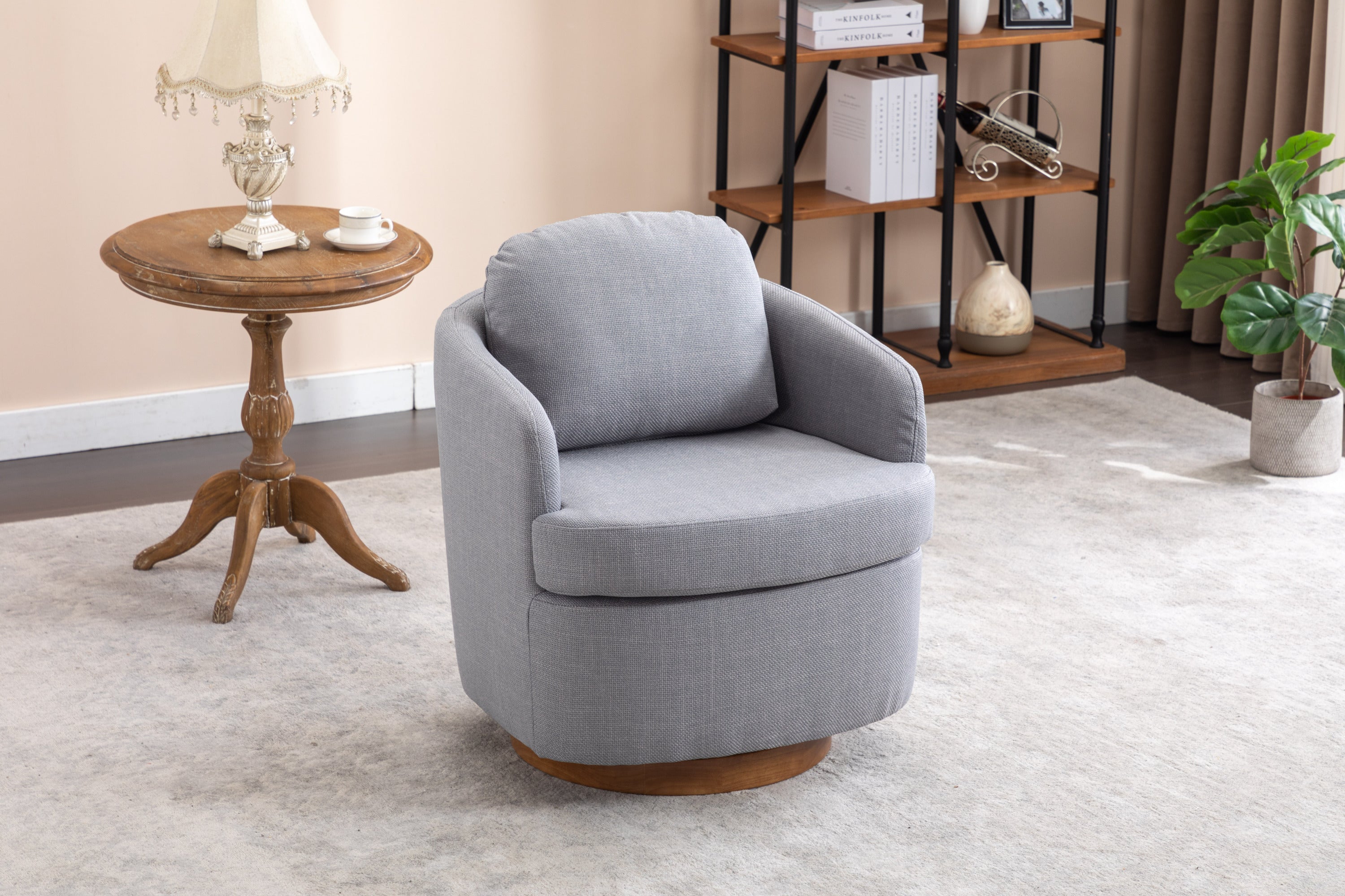 🆓🚛 Linen Fabric Swivel Accent Chair With Soild Wood Round Brown Base Leg, Light Blue