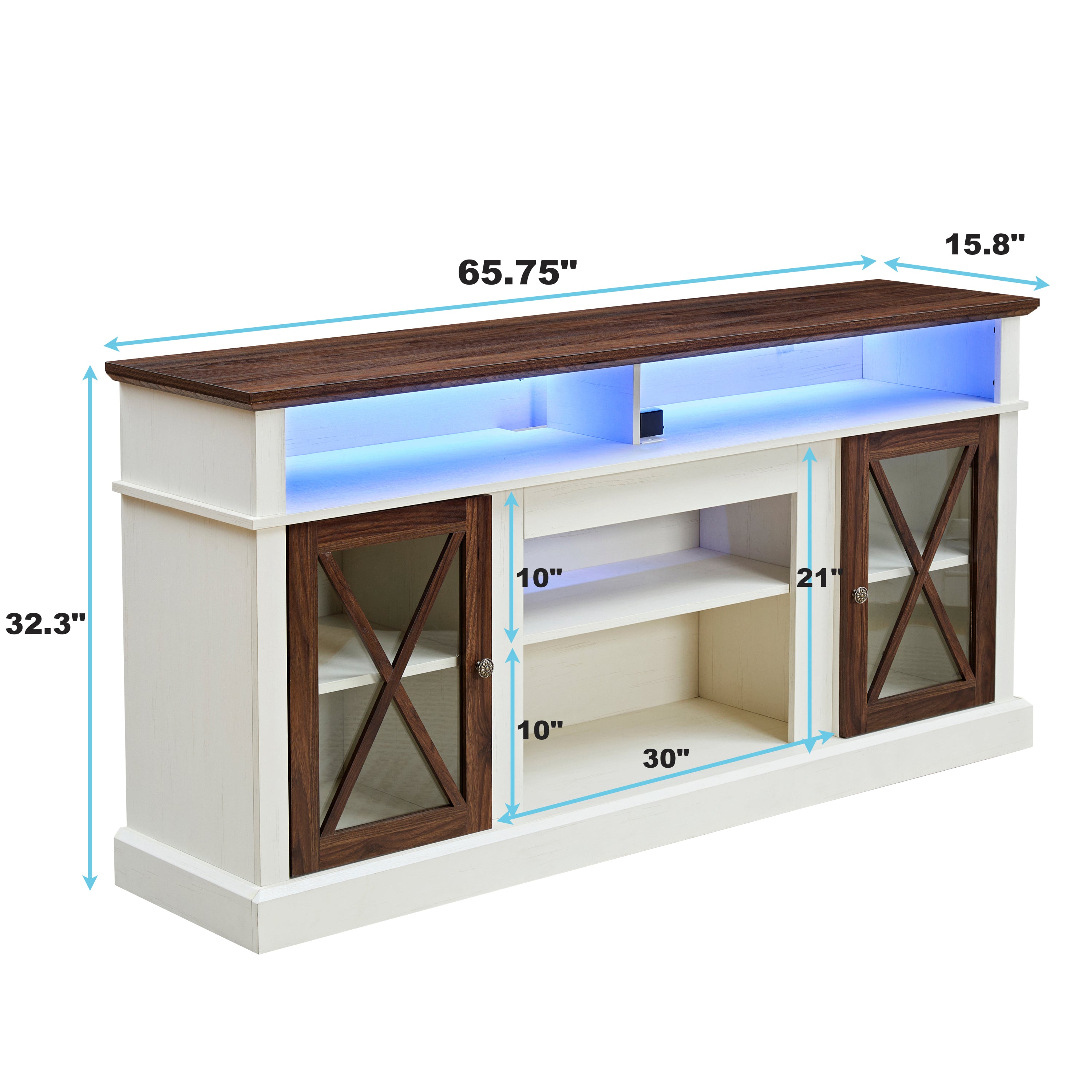 LED Farmhouse Style TV Stand for 65/70/75 inch TV with Outlet, Tall Body Media Entertainment Center Console, Adjustable Storage Shelves and Glass Door Cabinet