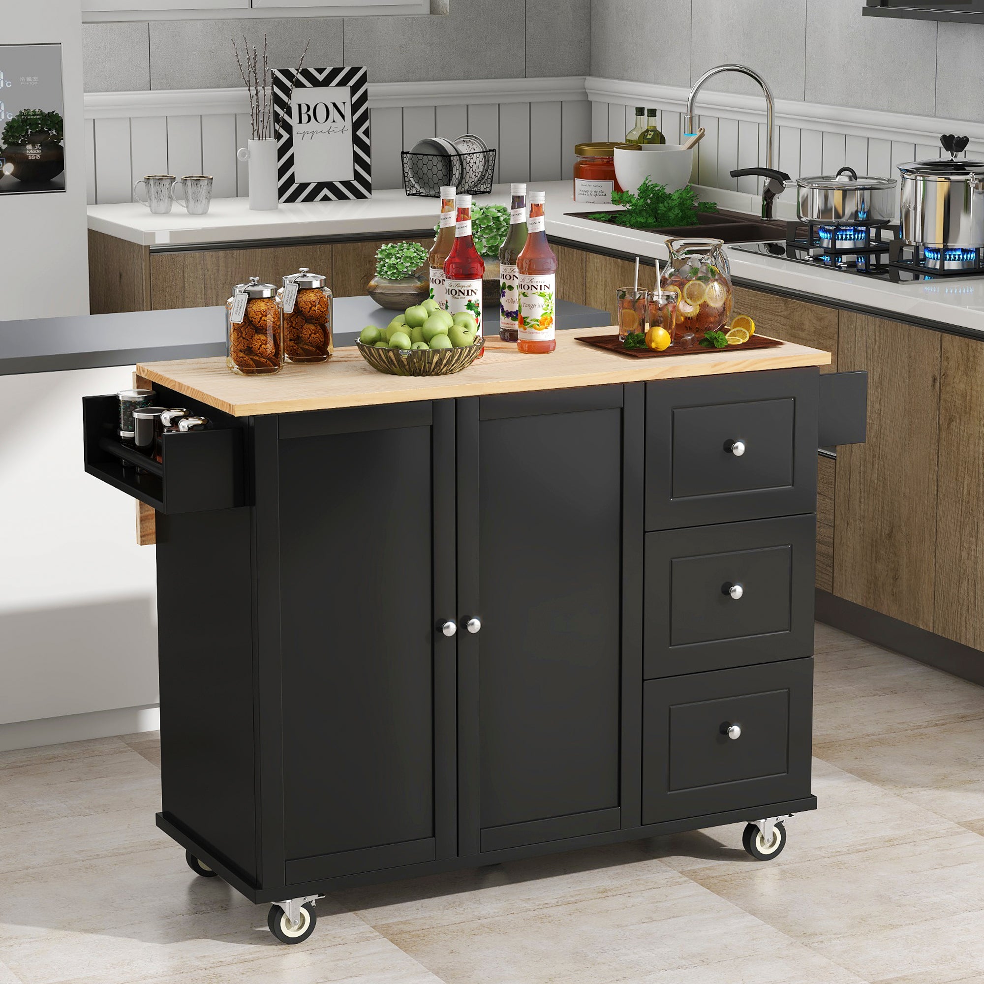 Rolling Mobile Kitchen Island With Solid Wood Top and Locking Wheels, 52.7 Inch Width, Storage Cabinet and Drop Leaf Breakfast Bar, Spice Rack, Towel Rack & Drawer (Black)