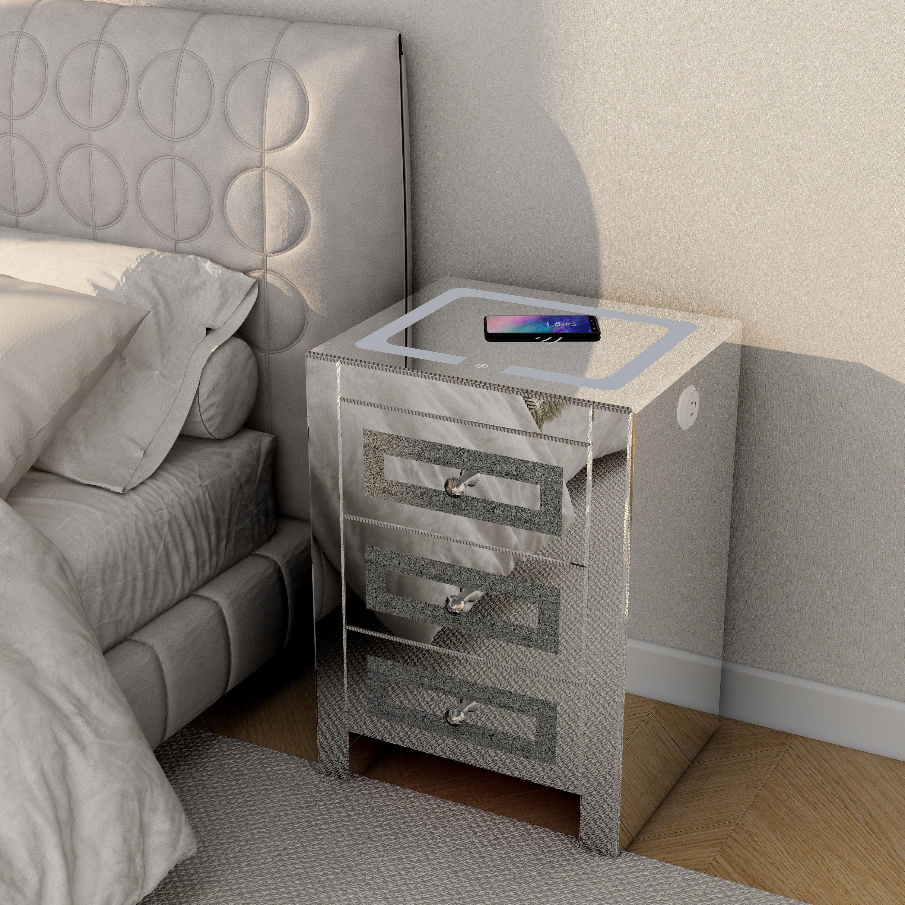 🆓🚛 Silver Glass Nightstand for Living Room, Shining Bedside Table With Wireless Charging & Charging Ports