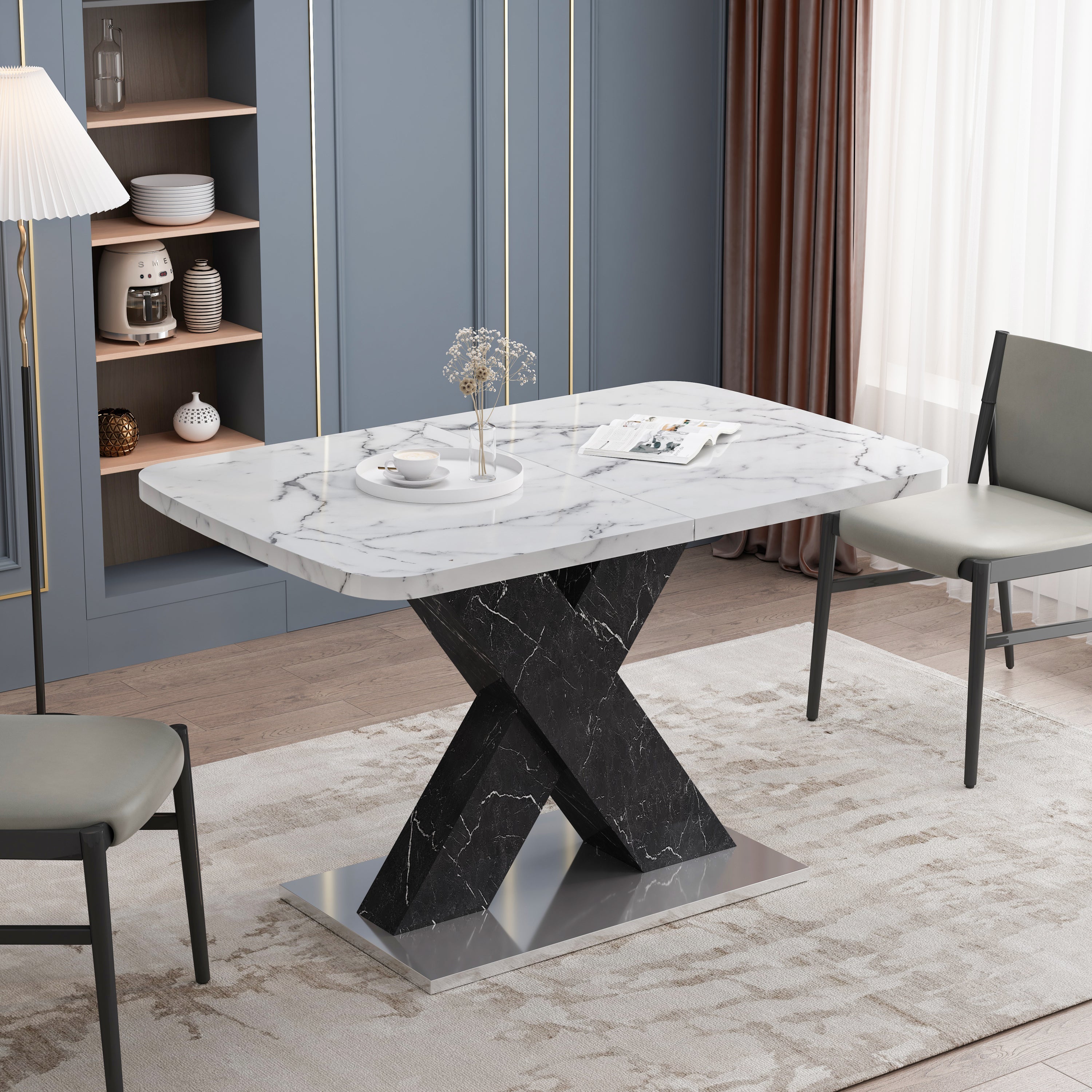 🆓🚛 Modern Square Dining Table, Stretchable, Faux Marble Table Top Black X-Shape Table Leg With Metal Base