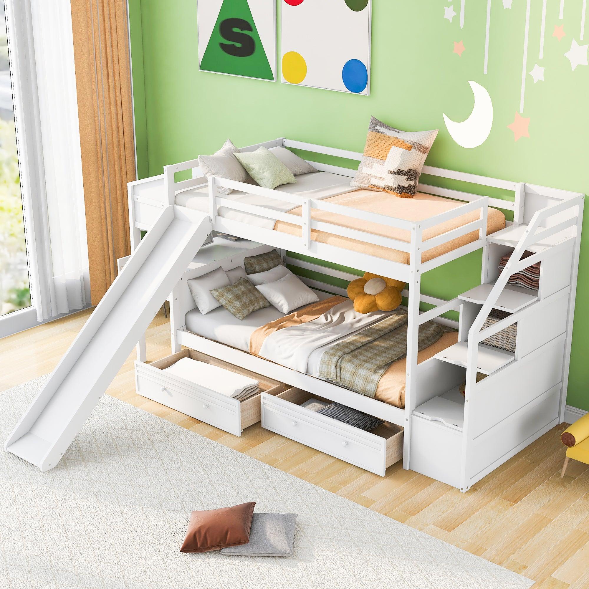 🆓🚛 Twin Over Twin Bunk Bed With Storage Staircase, Slide & Drawers, Desk With Drawers & Shelves, White