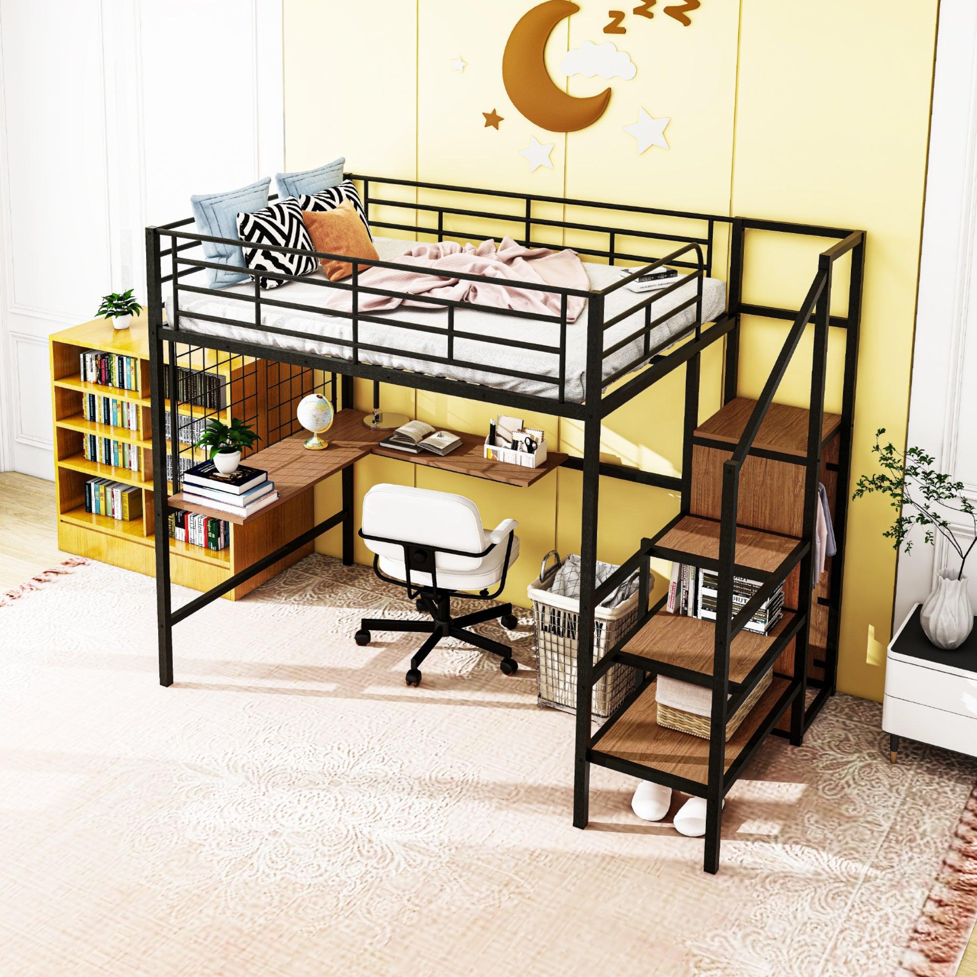 Full Size Metal Loft Bed with Desk and Metal Grid, Stylish Metal Frame Bed with Lateral Storage Ladder and Wardrobe, Black