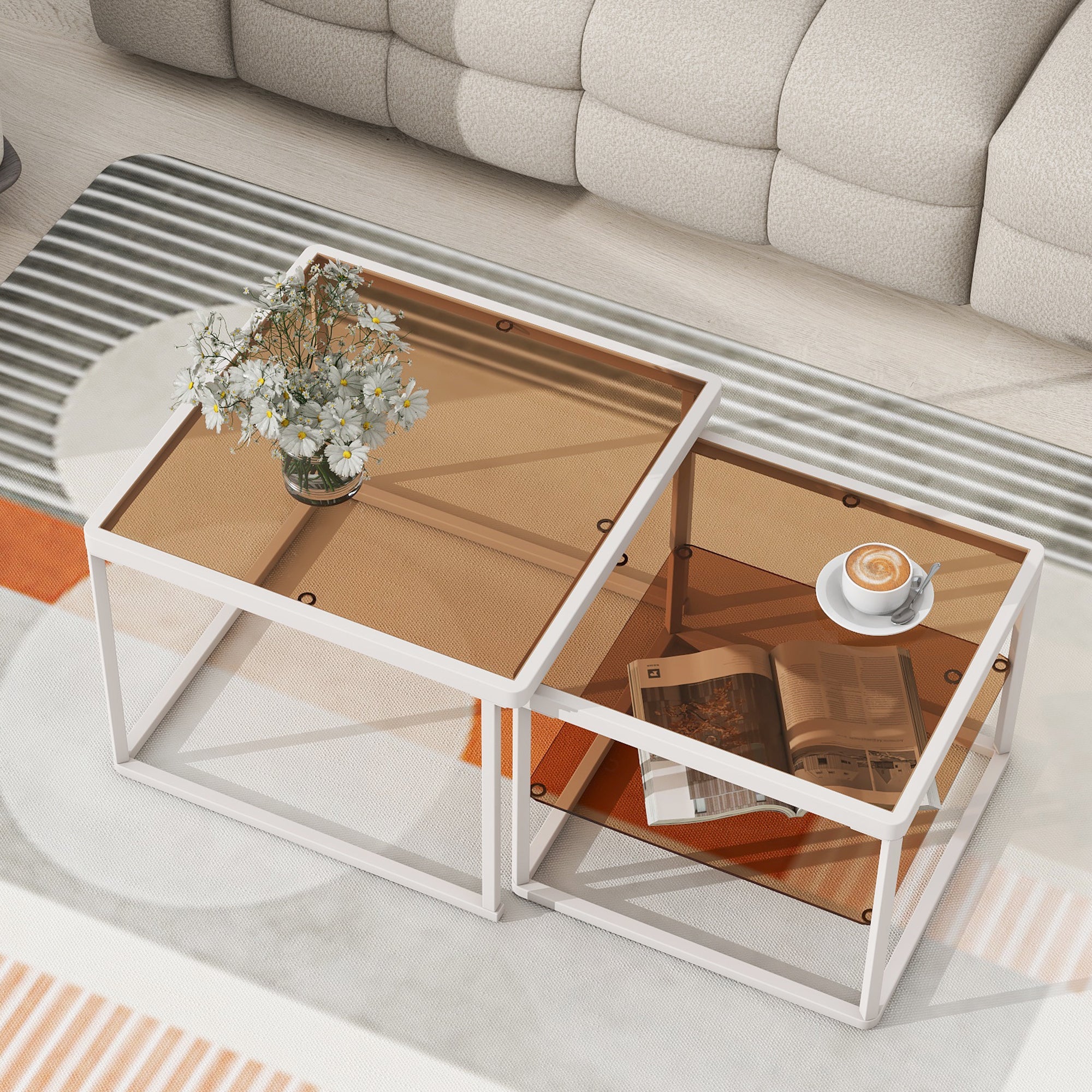 🆓🚛 Modern Nested Coffee Table Set With High-Low Combination Design, Brown Tempered Glass Cocktail Table With Metal Frame, Length Adjustable 2-Tier Center&End Table for Living Room, White