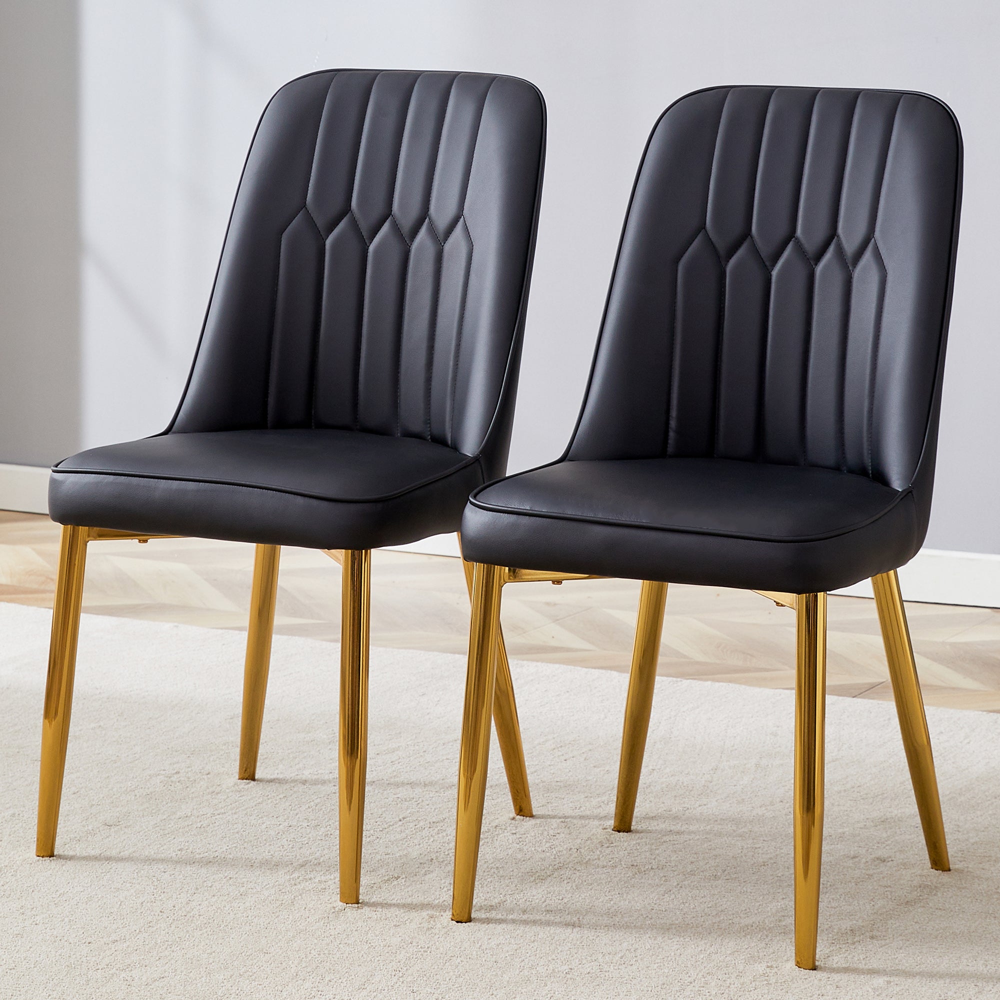 2 Modern Dining Chairs, Sleek Pu Leather Backrest, and Gold Metal Legs Bring a Comfortable Home Experience To The Kitchen, Bedroom, and Office.