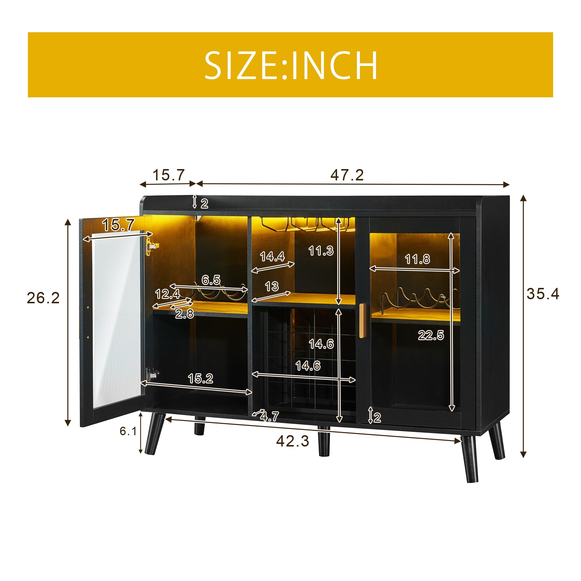 🆓🚛 Led Wine Bar Cabinet, Home Coffee Cabinet With Wine & Glass Rack, Kitchen Buffet Sideboard With Storage Shelves, Black