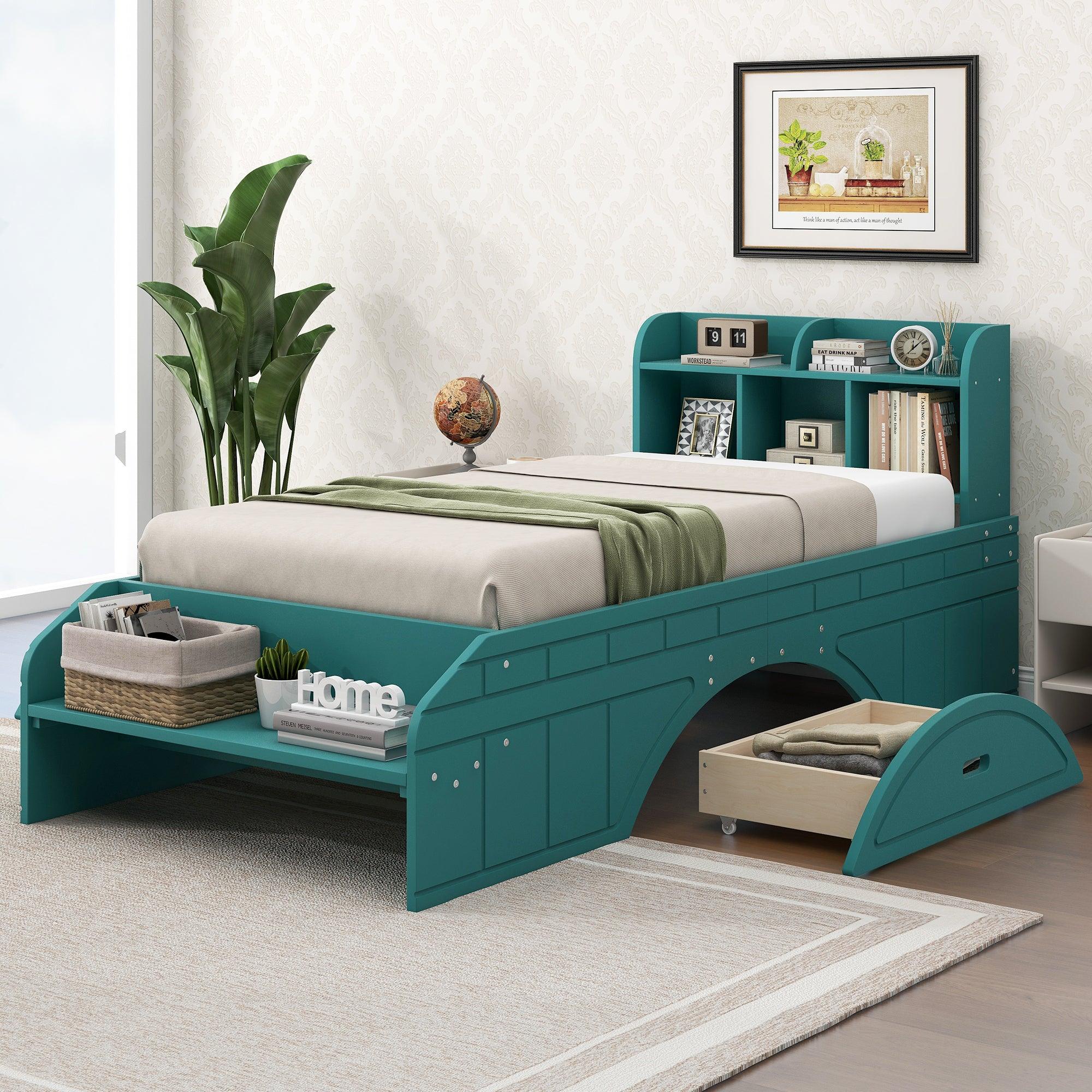 🆓🚛 Wood Twin Size Platform Bed With 2 Drawers, Storage Headboard & Footboard, Dark Green