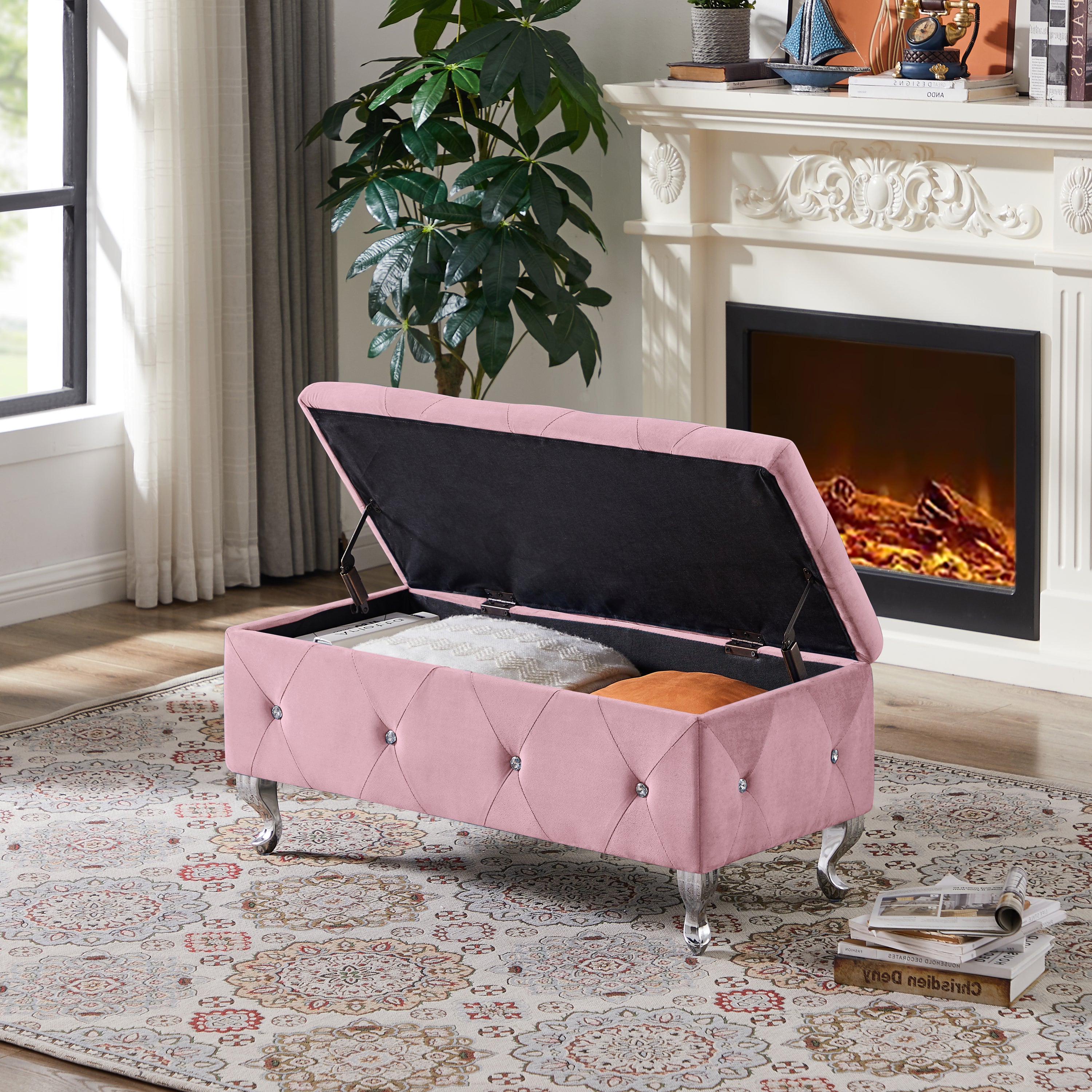 Storage Bench, Flip Top Entryway Bench Seat With Safety Hinge, Storage Chest With Padded Seat, Bed End Stool for Hallway Living Room Bedroom, Supports 250 Lb, Pink Velet