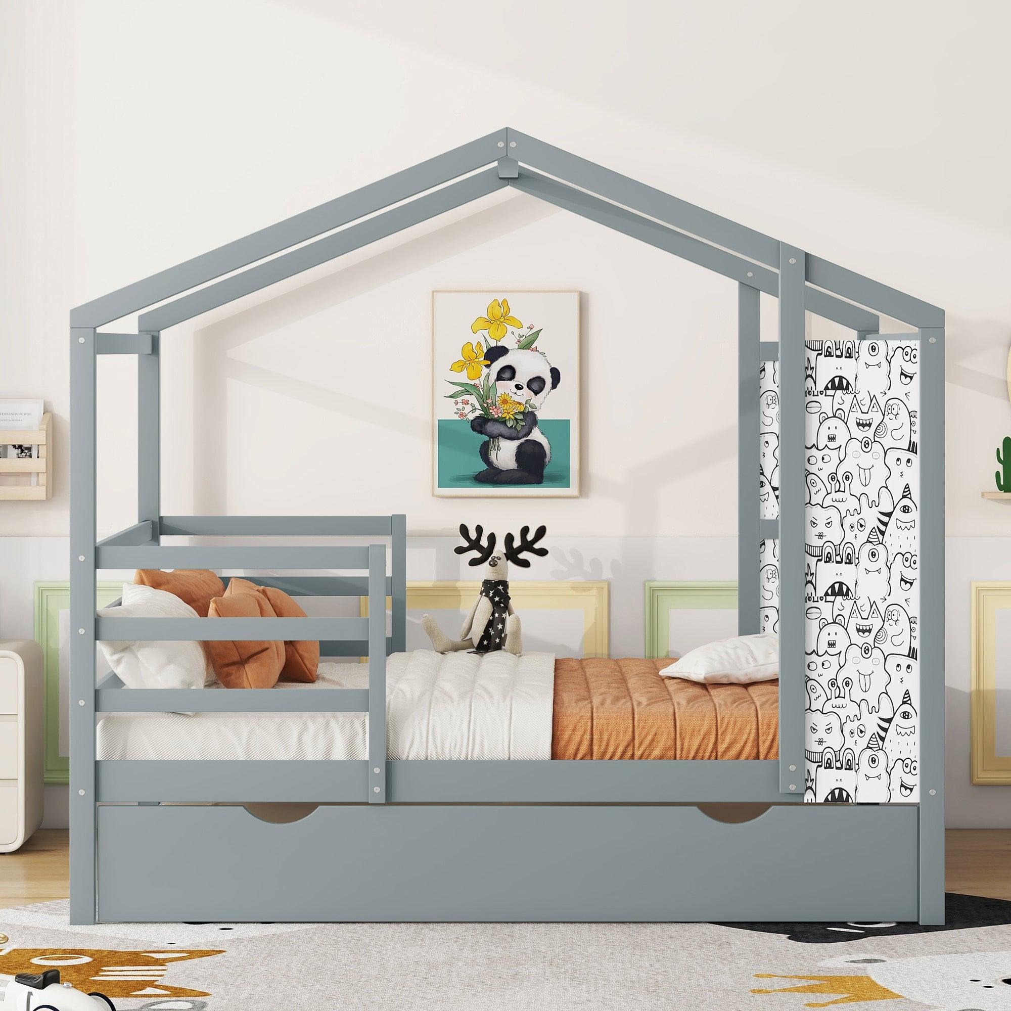 🆓🚛 Full Size Wood House Bed With Fence & Writing Board, Gray