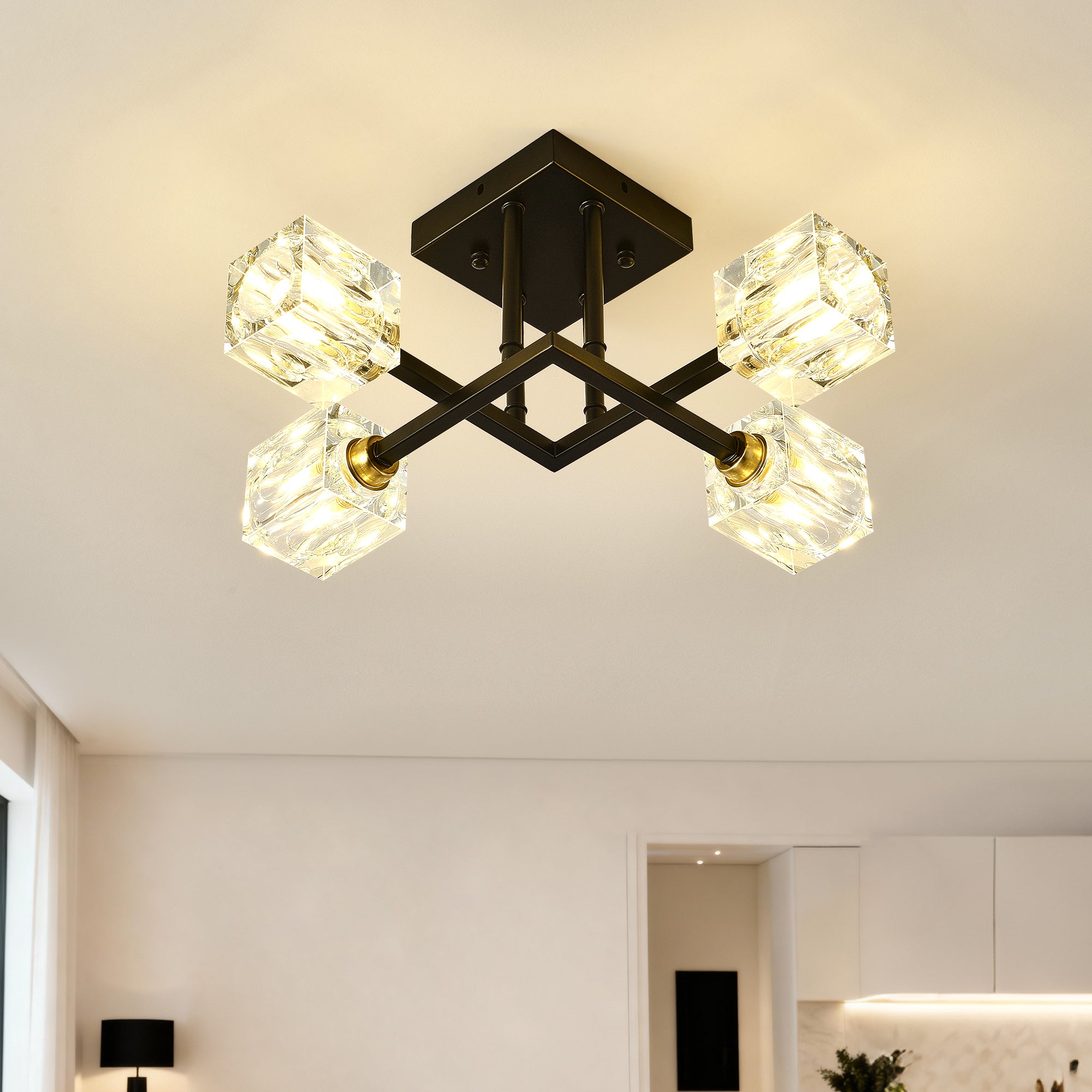 Modern Luxurious Crystal Ceiling Light, 4 Lights (BO INCLUDED Bulb) Modern Crystal Ceiling Light for Dining Room, Pendant Lamp Ceiling Lighting for Living Bedroom Hall Balcony --Matte Black