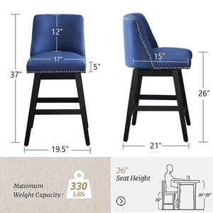 26" Upholstered Swivel Bar Stools Set of 2, Modern Linen Fabric High Back Counter Stools with Nail Head Design and Wood Frame