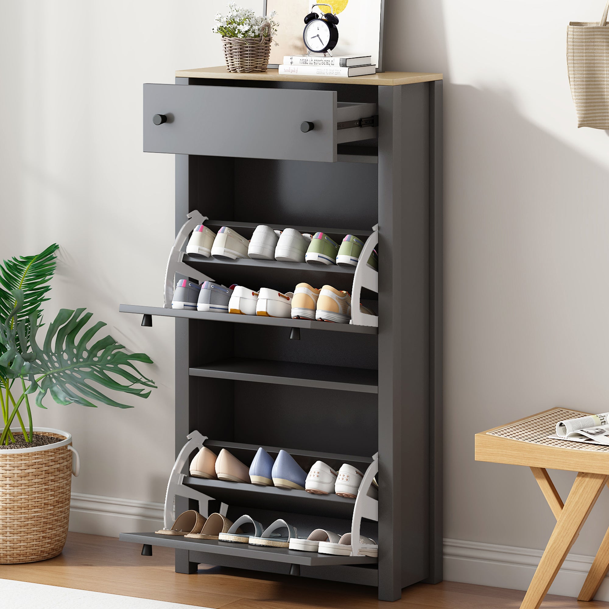 🆓🚛 Functional Entryway Organizer With 2 Flip Drawers, Wood Grain Pattern Top Shoe Cabinet With Drawer, Free Standing Shoe Rack With Adjustable Panel for Hallway, Gray