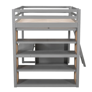 Full Size Loft Bed with Ladder, Shelves, and Desk, Gray