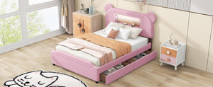 Full Size Upholstered Storage Platform Bed with Cartoon Ears Headboard, LED and USB, Pink