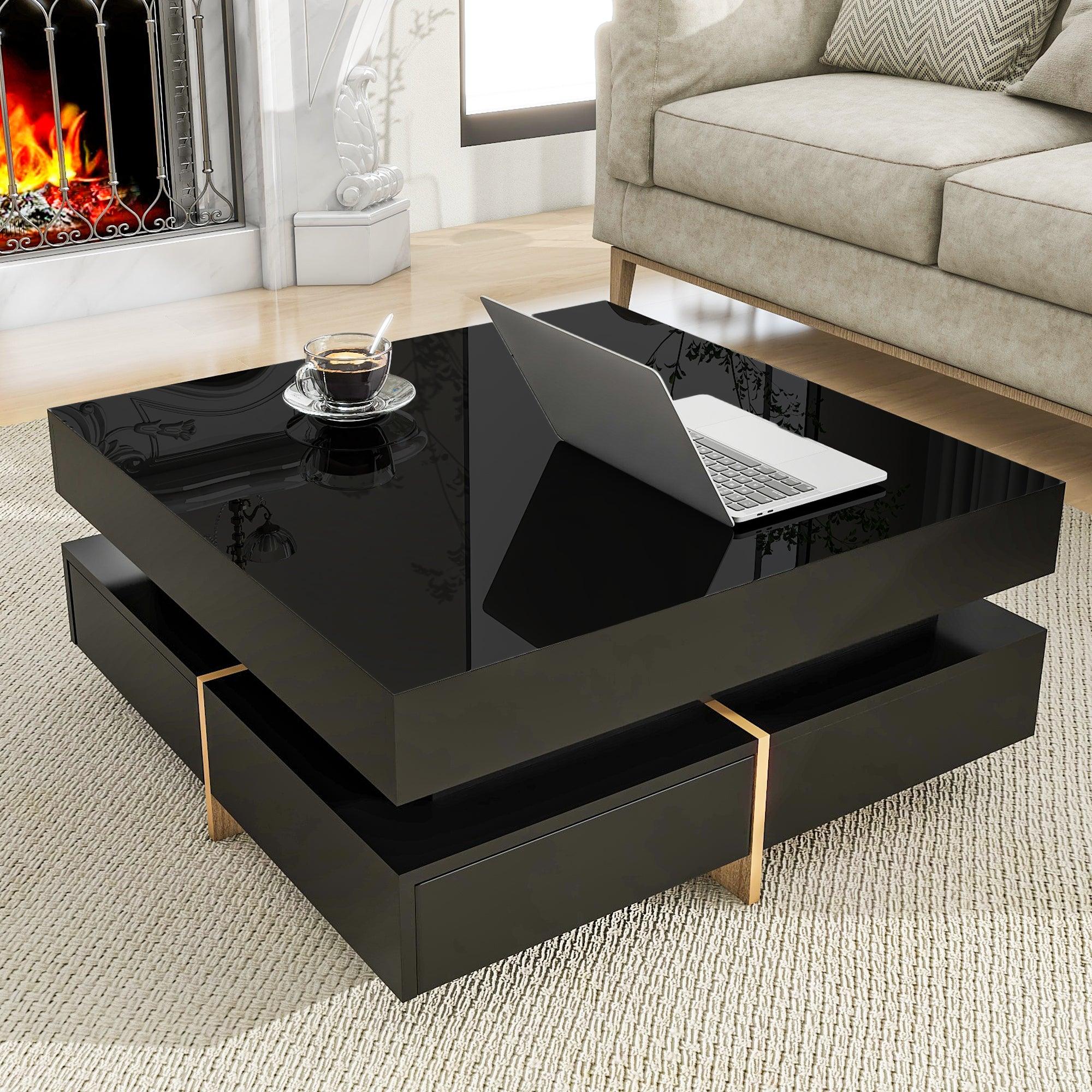 🆓🚛 Modern High Gloss Coffee Table With 4 Drawers, Multi-Storage Square Cocktail Tea Table With Wood Grain Legs, Center Table for Living Room, 31.5''X31.5'', Black