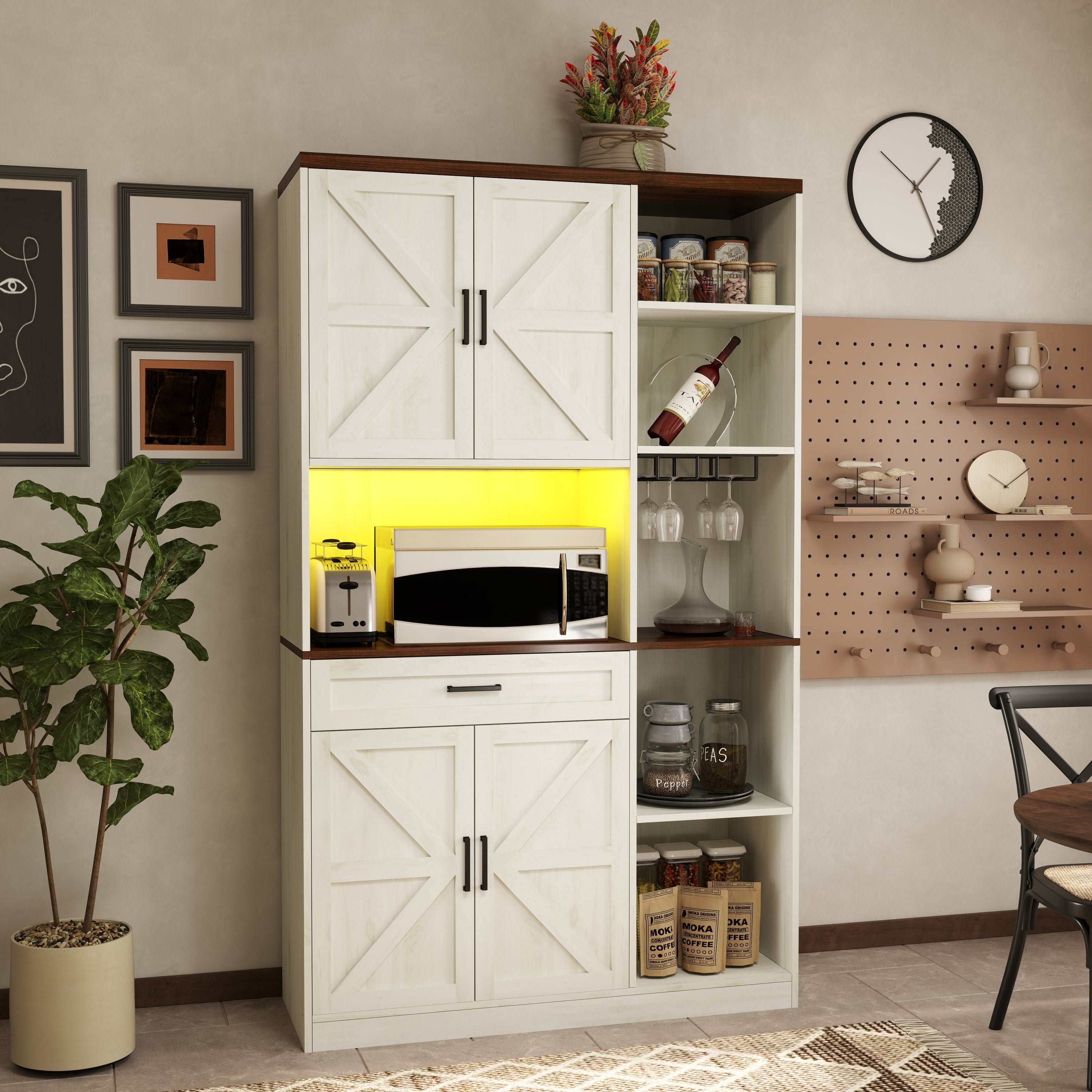 70.87'' Multifunctional Farmhouse Kitchen Pantry Sideboard With Cabinet and Drawer, Kitchen Buffet With Hutch and Glass Holder, Microwave Stand With Charging Station for Kitchen and Dining Room