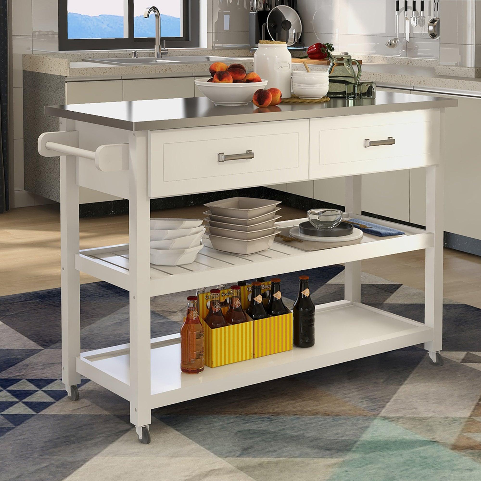 🆓🚛 Stainless Steel Table Top White Kicthen Cart With Two Drawers