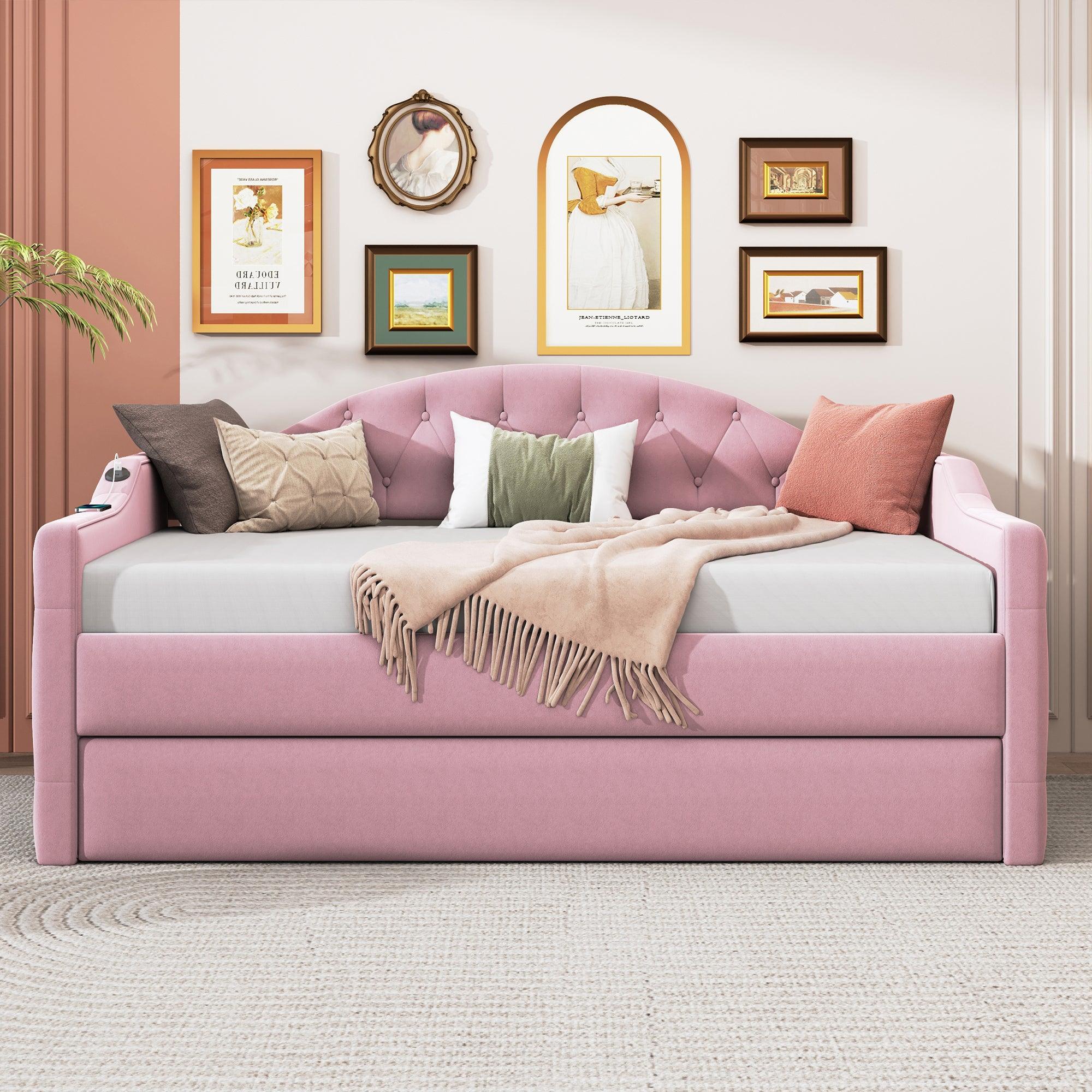 🆓🚛 Twin Size Tufted Upholstered Daybed With Trundle, Usb Type-C Charging Ports, Pink