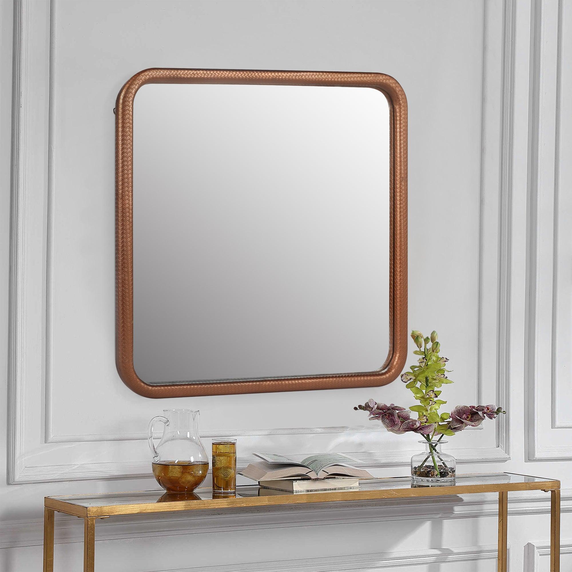 🆓🚛 Square Champagne Woven Grain Decorative Wall Hanging Mirror, Pu Covered Mdf Framed Mirror for Bedroom Living Room Vanity Entryway Wall Decor, 23.62X23.62"