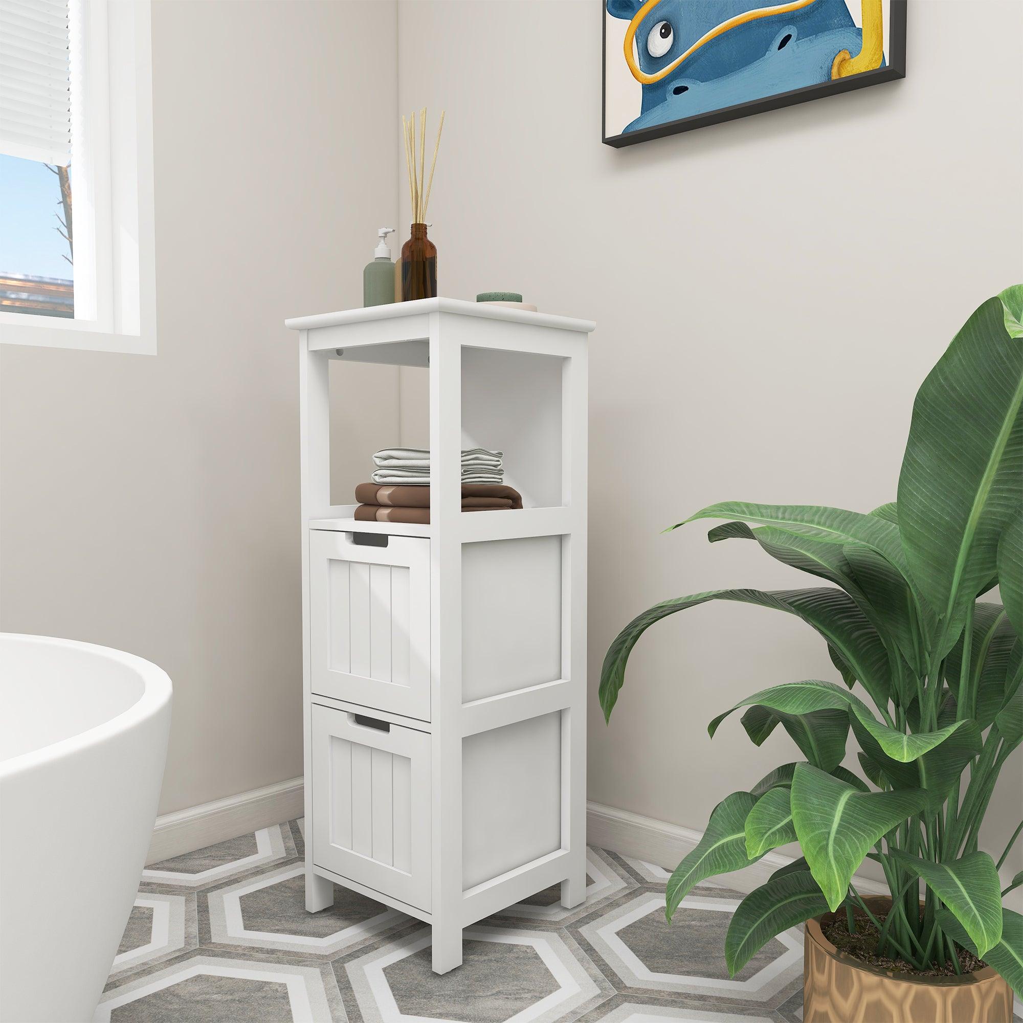 🆓🚛 Bathroom Floor Cabinet With 2 Drawers & 1 Storage Shelf, Freestanding Wood Storage Organizer Cabinet-White