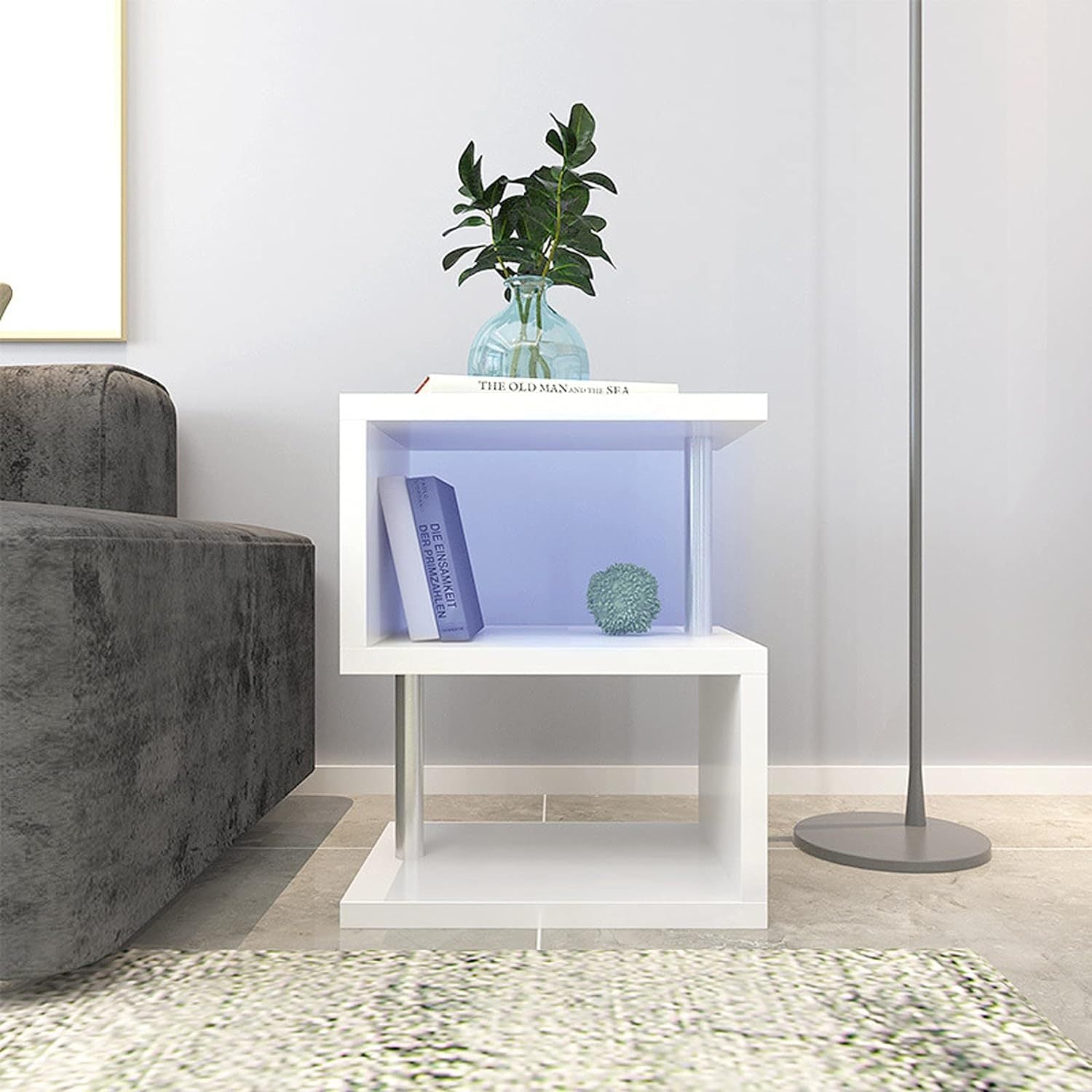 3 Tier S-Shaped End Table, High Gloss Side Table With Open Storage Shelf and Usb Power Supply, White Led Coffee Table for Living Room, Bedroom.