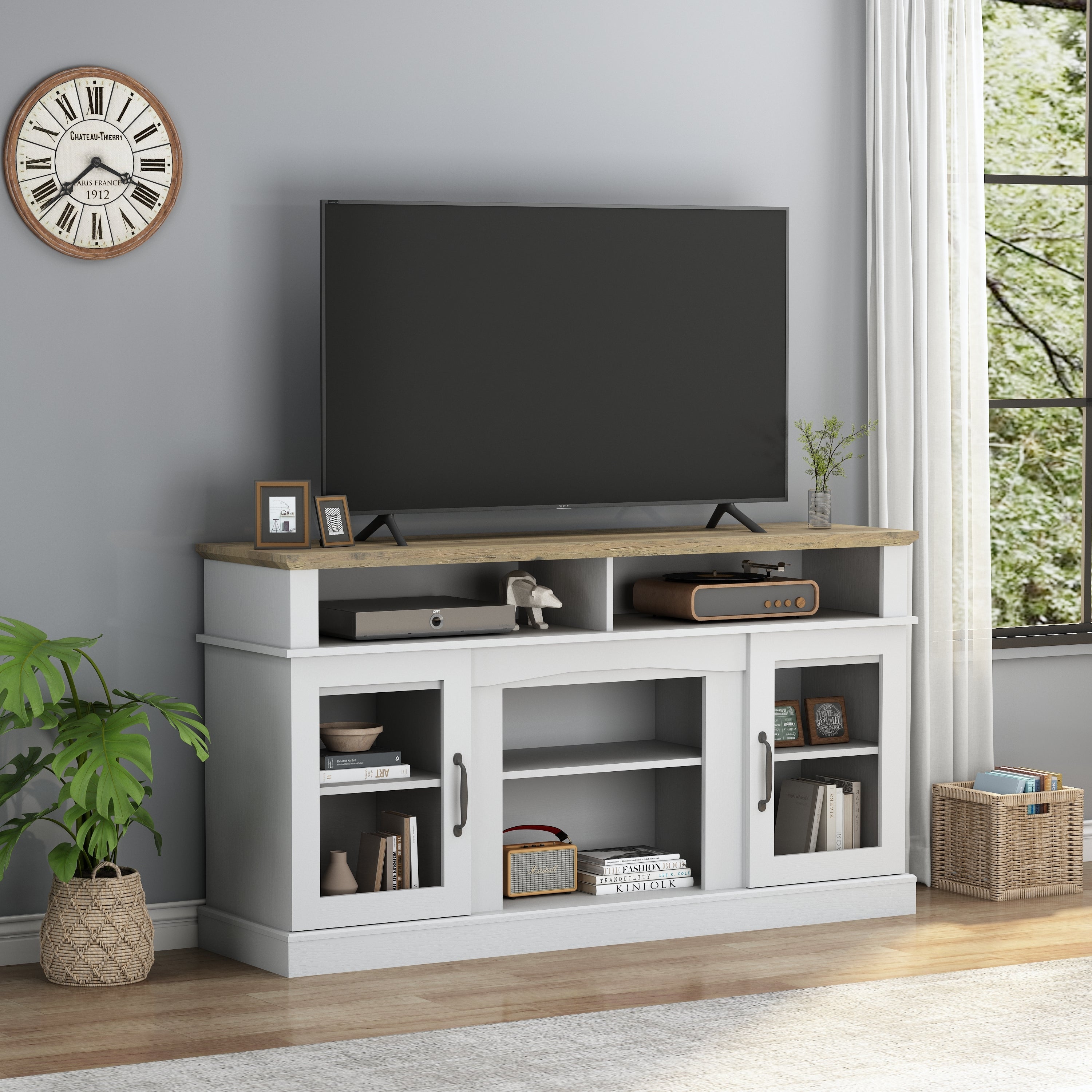 58 Inch TV Stand with Storage Cabinet and Shelves, TV Console Table Entertainment Center for Living Room, Bedroom