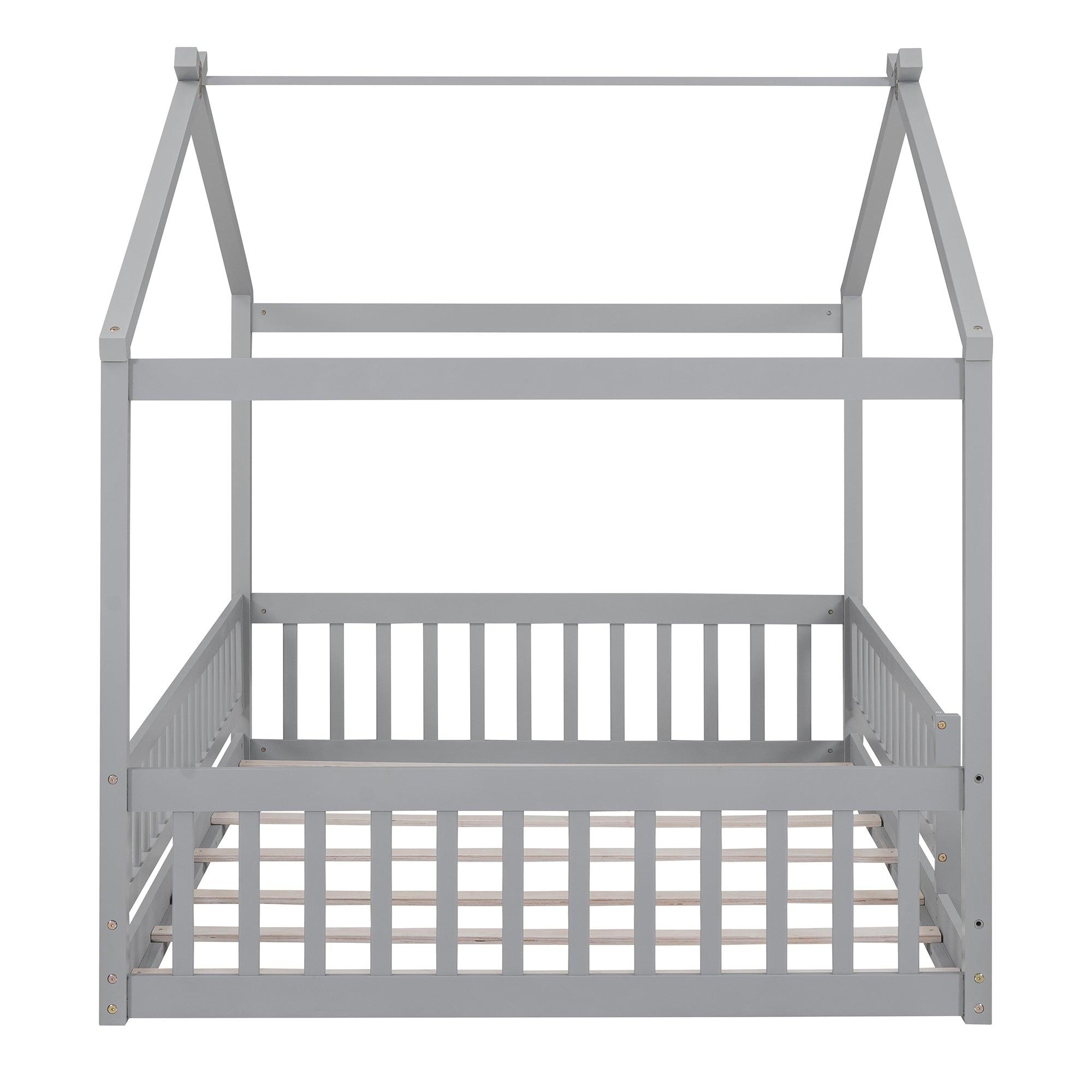 Full Size Wood Bed House Bed Frame with Fence, for Kids, Teens, Girls, Boys, Gray