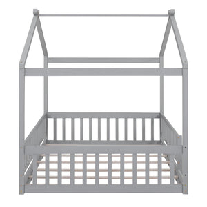 Full Size Wood Bed House Bed Frame with Fence, for Kids, Teens, Girls, Boys, Gray