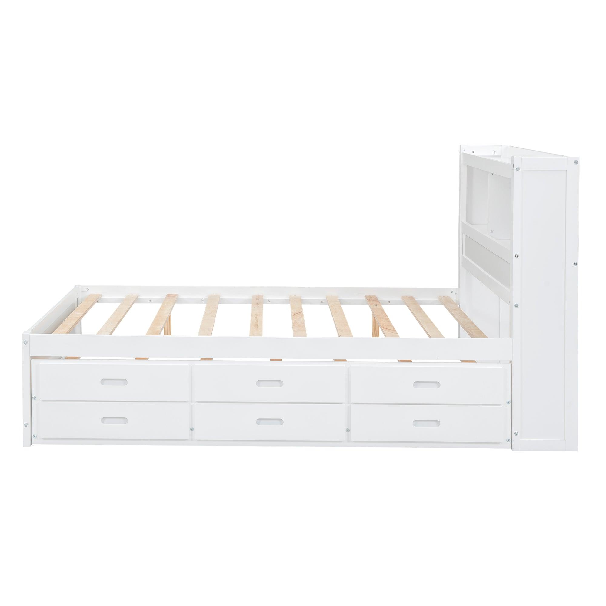 Full Size platform bed with trundle, drawers and USB plugs, White