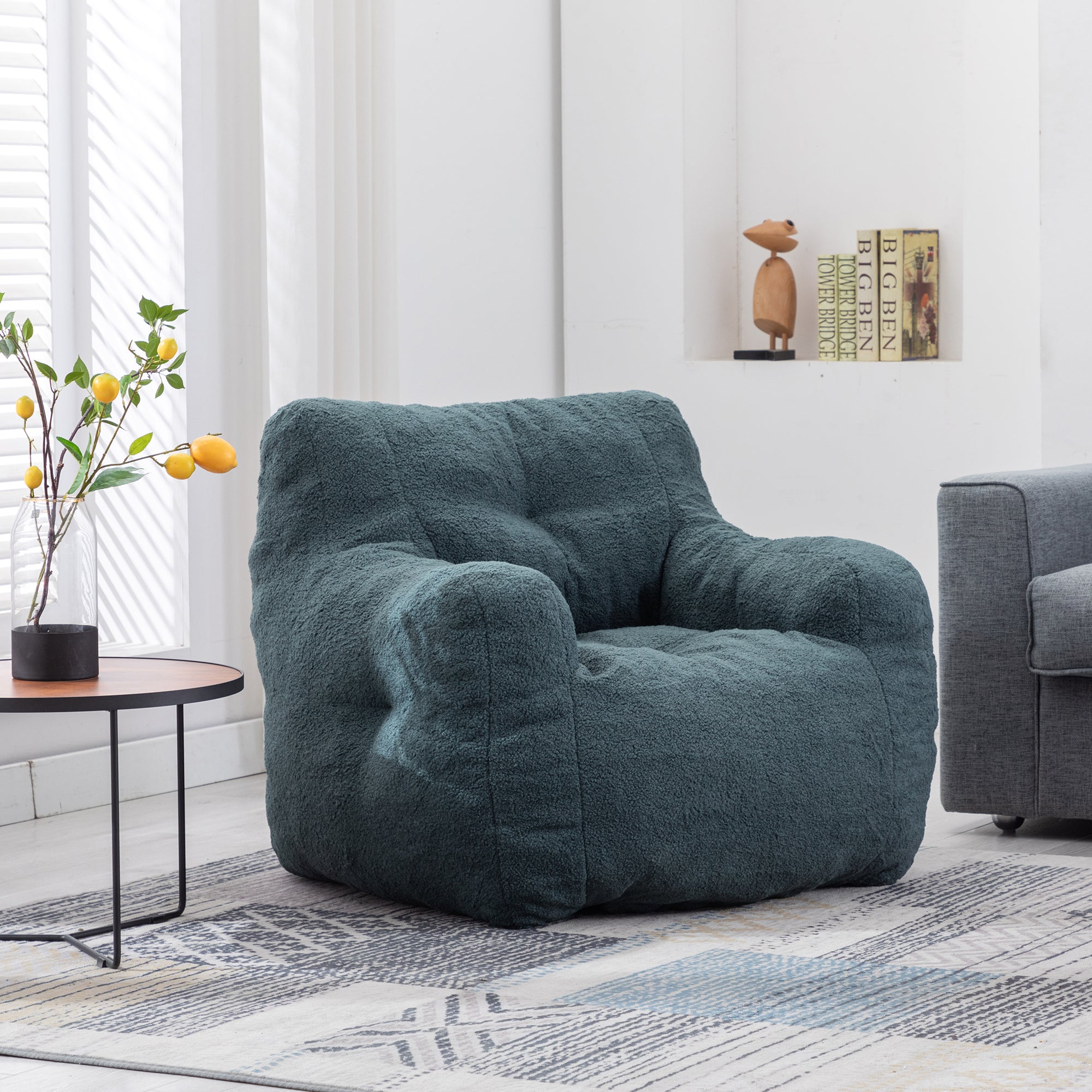 🆓🚛 Soft Tufted Foam Bean Bag Chair With Teddy Fabric, Green