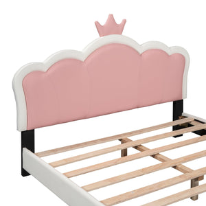 Full size Upholstered Princess Bed With Crown Headboard, Full Size Platform Bed with Headboard and Footboard, White+Pink