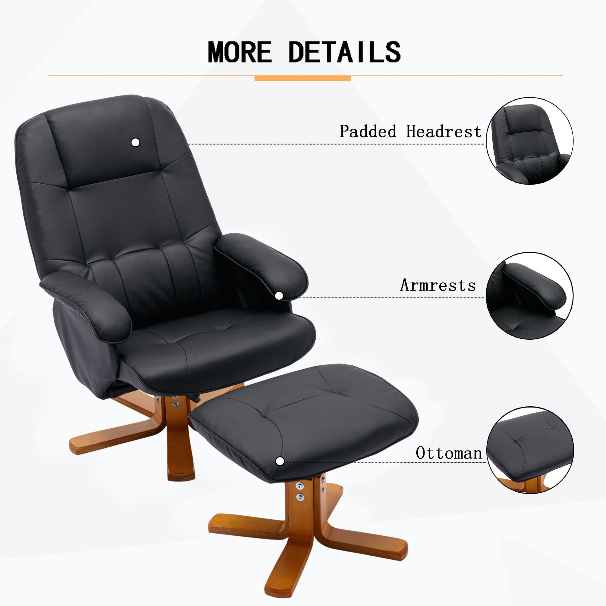 🆓🚛 Recliner Chair With Ottoman, Swivel Recliner Chair With Wood Base for Livingroom, Bedroom, Faux Leather Beige, Black