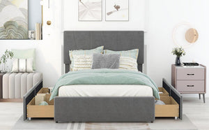 Full Size Upholstery Platform Bed with Four Drawers on Two Sides, Adjustable Headboard, Grey