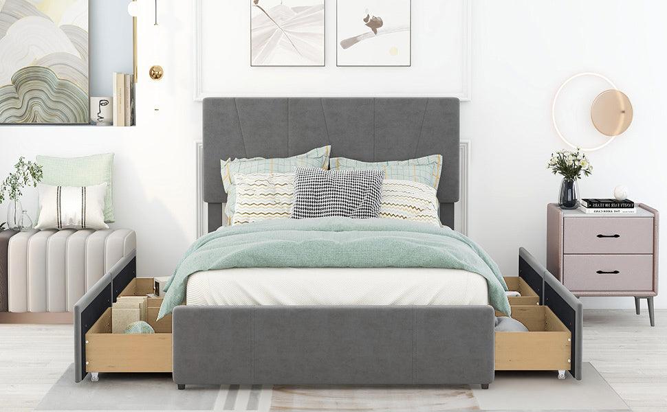 Full Size Upholstery Platform Bed with Four Drawers on Two Sides, Adjustable Headboard, Grey