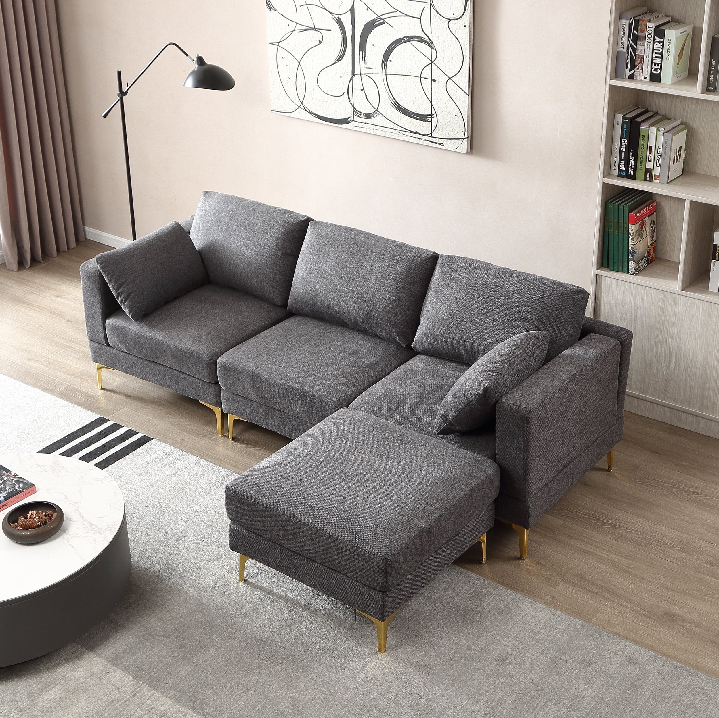 92.9" Living Room Furniture Modern Leisure L Shape Couch, Dark Gray Fabric