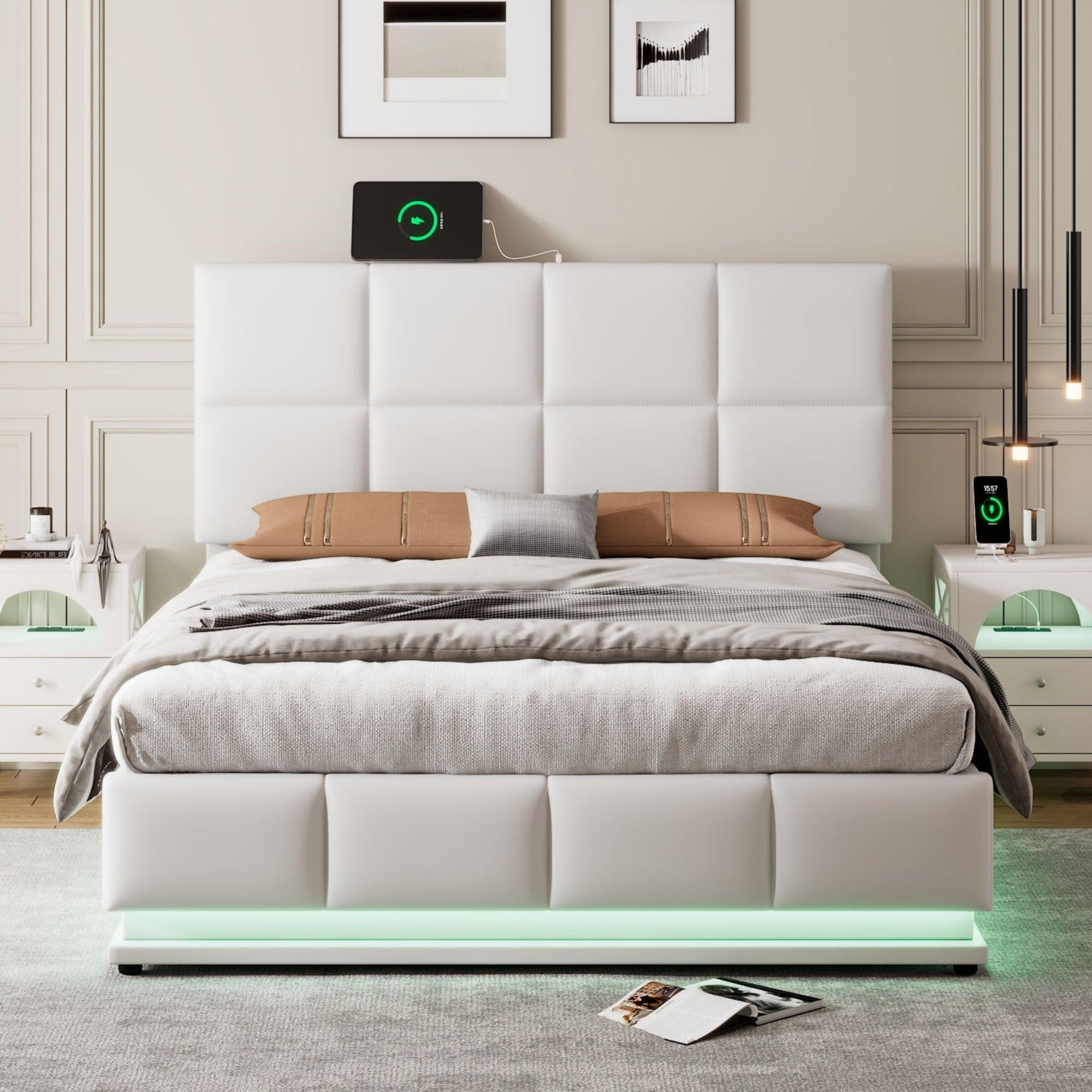 Full Size Tufted Upholstered Platform Bed with Hydraulic Storage System, PU Storage Bed with LED Lights and USB charger, White