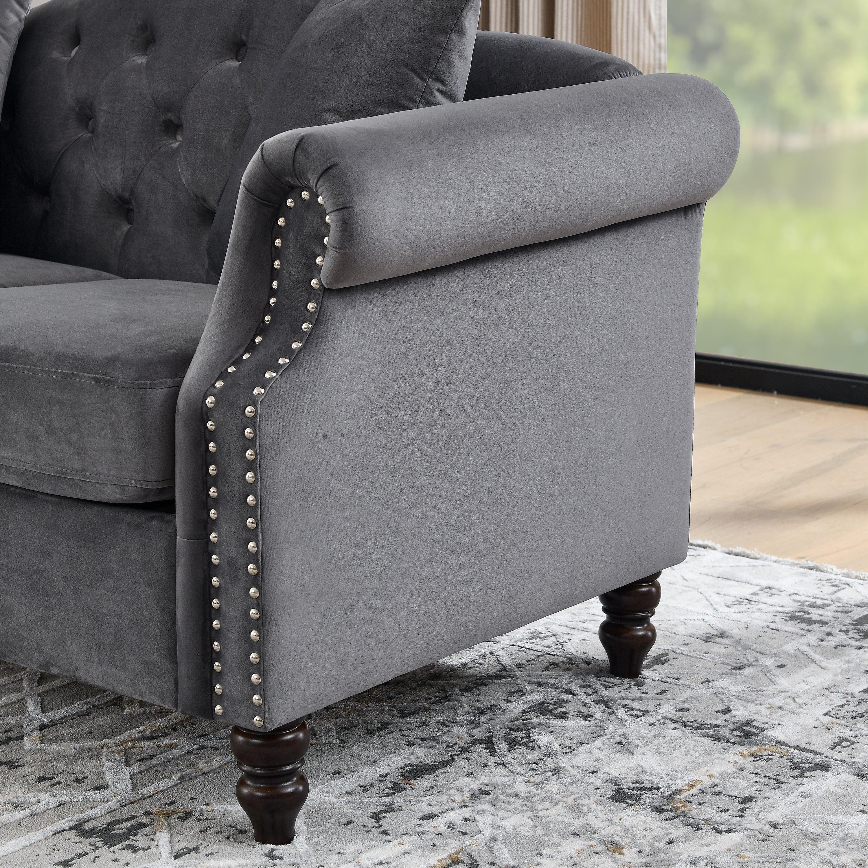 57" Chesterfield Sofa Grey Velvet for Living Room, 2 Seater Sofa Tufted Couch with Rolled Arms and Nailhead, with 2 Pillows