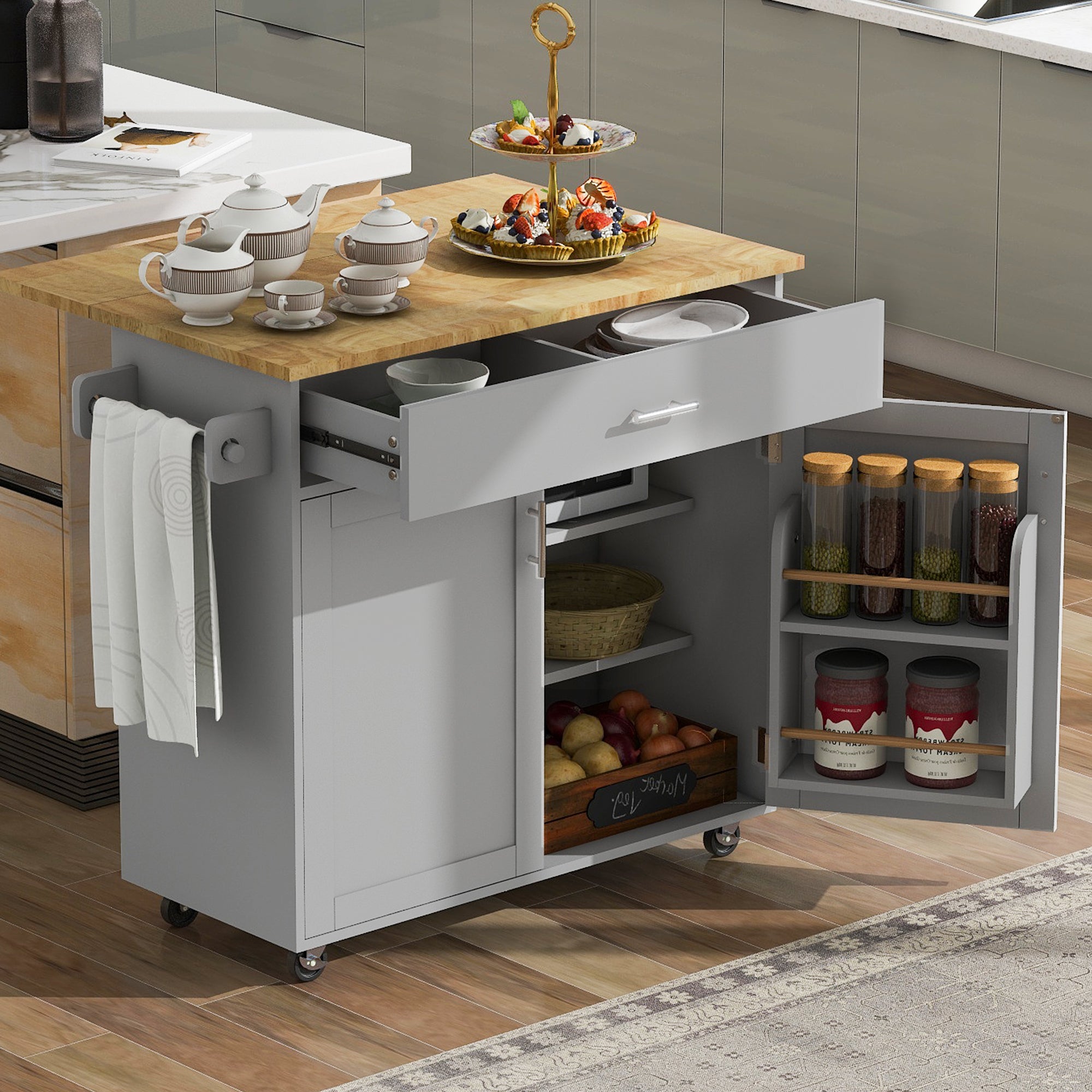 🆓🚛 Rolling Kitchen Island With Storage, Kitchen Cart With Rubber Wood Top, Spacious Drawer With Divider and Internal Storage Rack, Kitchen Island On Wheels With Adjustable Shelf Tower Rack, Gray