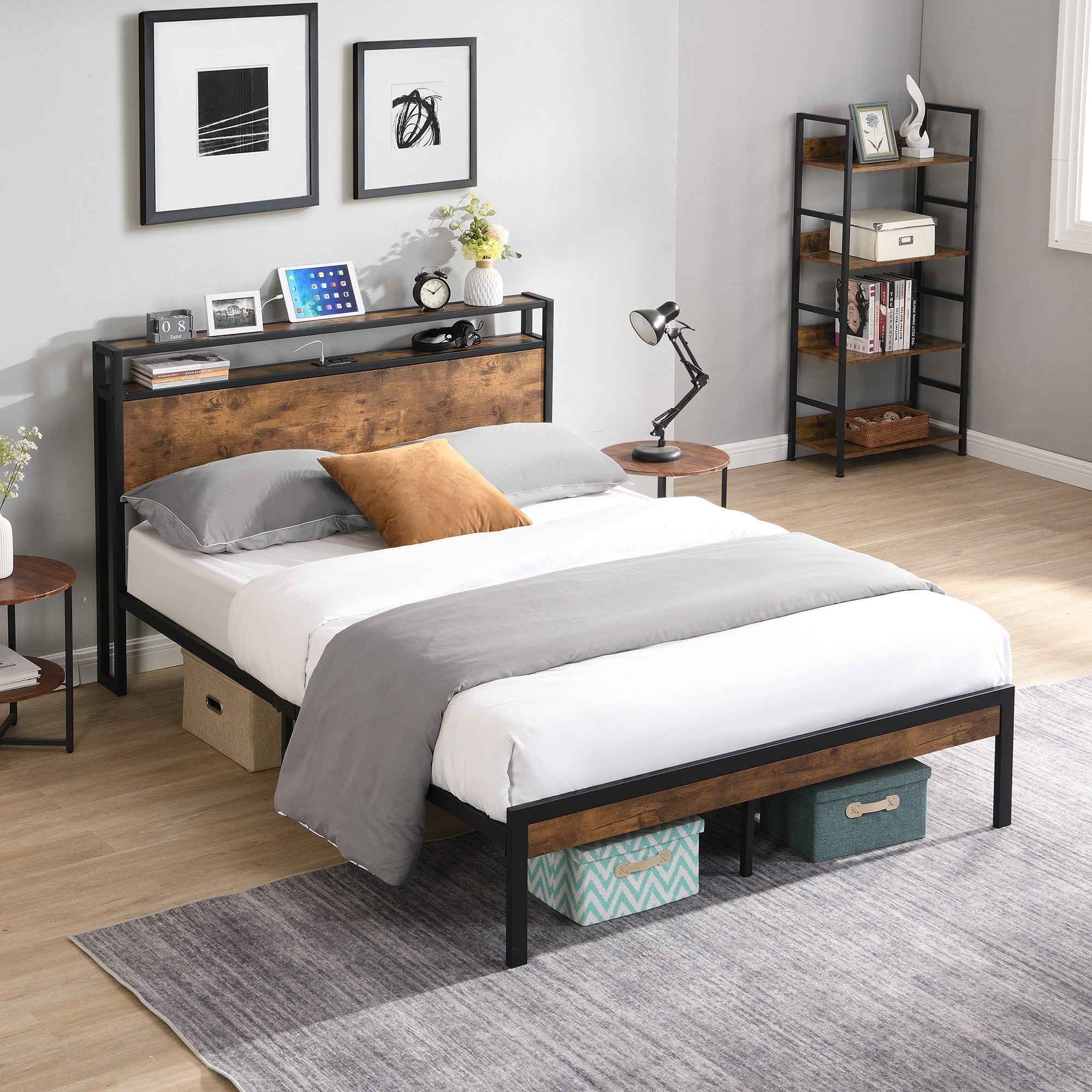 Full Size Metal Platform Bed Frame With Wooden Headboard and Footboard With Usb Liner, No Box Spring Needed, Large Under Bed Storage, Easy Assemble