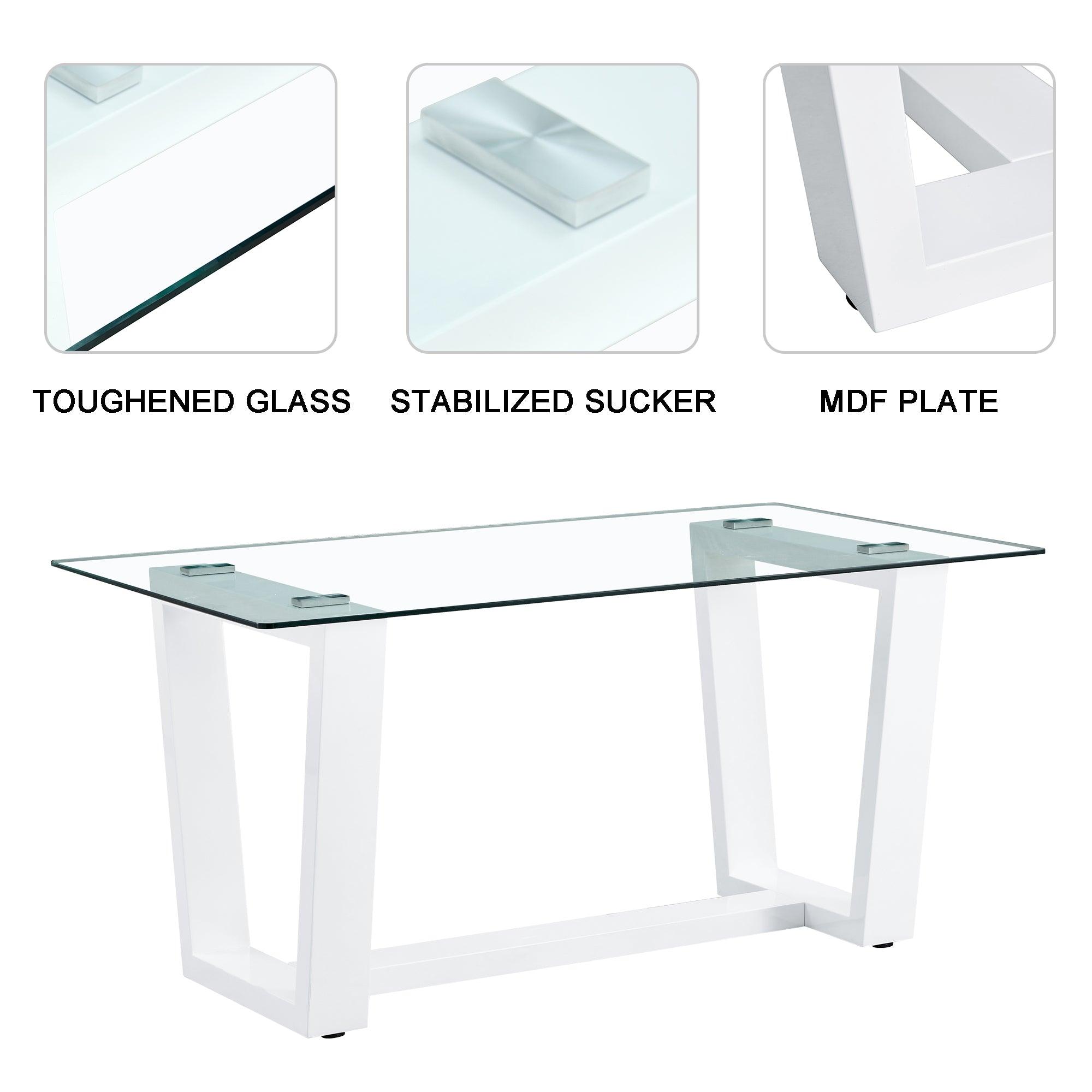 Glass Dining Table Large Modern Minimalist Rectangular for 6-8 with 0.4" Tempered Glass Tabletop and white MDF Trapezoid Bracket, For Kitchen Dining Living Meeting Room Banquet Hall