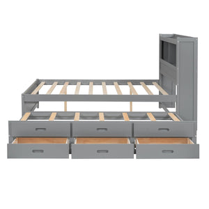 Full Size platform bed with trundle, drawers and USB plugs, Gray