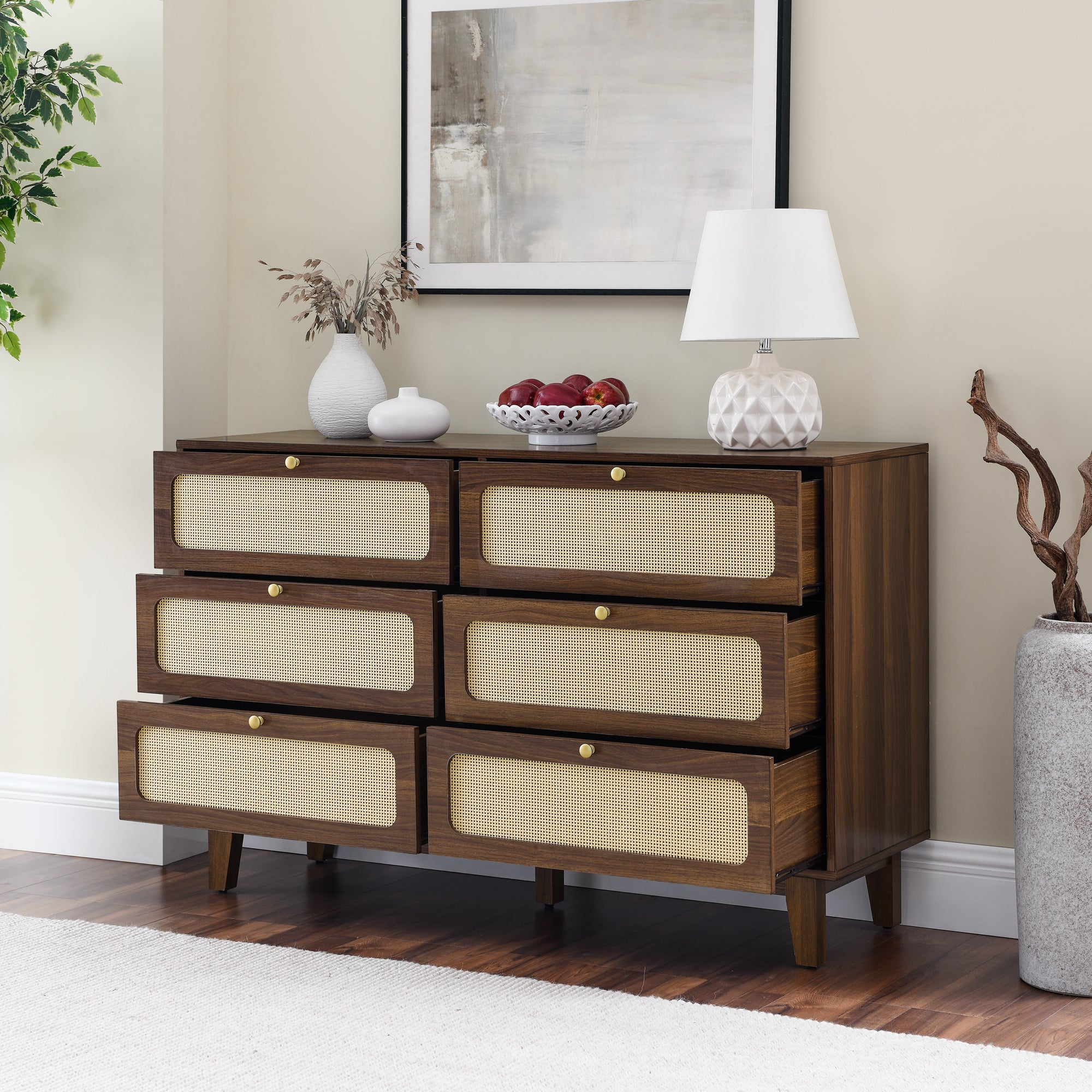 🆓🚛 Six-Drawer Rattan Wooden Dresser, Brown