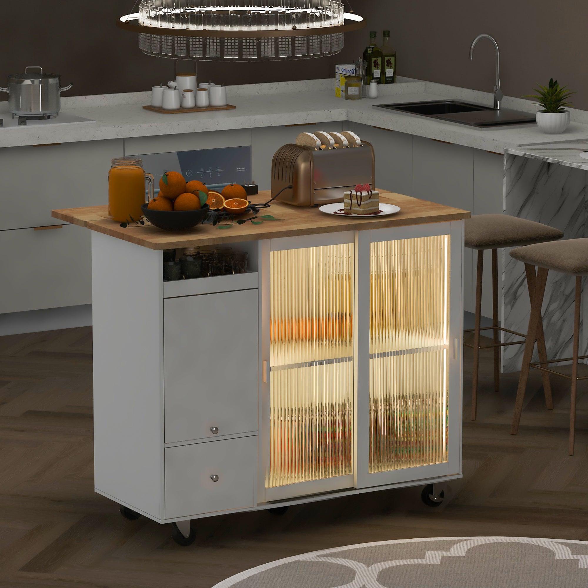 🆓🚛 Led Light Kitchen Cart On Wheels With 2 Fluted Glass Doors & 1 Flip Cabinet Door, Large Kitchen Island Cart With An Adjustable Shelf & 2 Drawers (White)