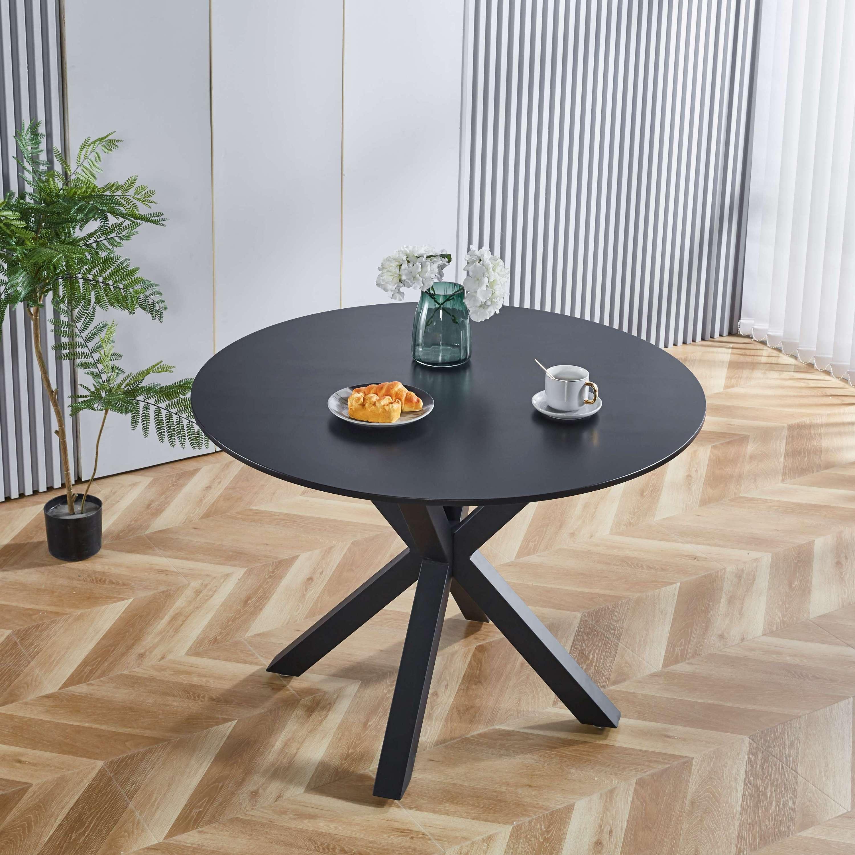 🆓🚛 5 Pcs Dining Set, 1 Round Mid-Century Dining Table With Mdf Table Top, 4 Black Chairs
