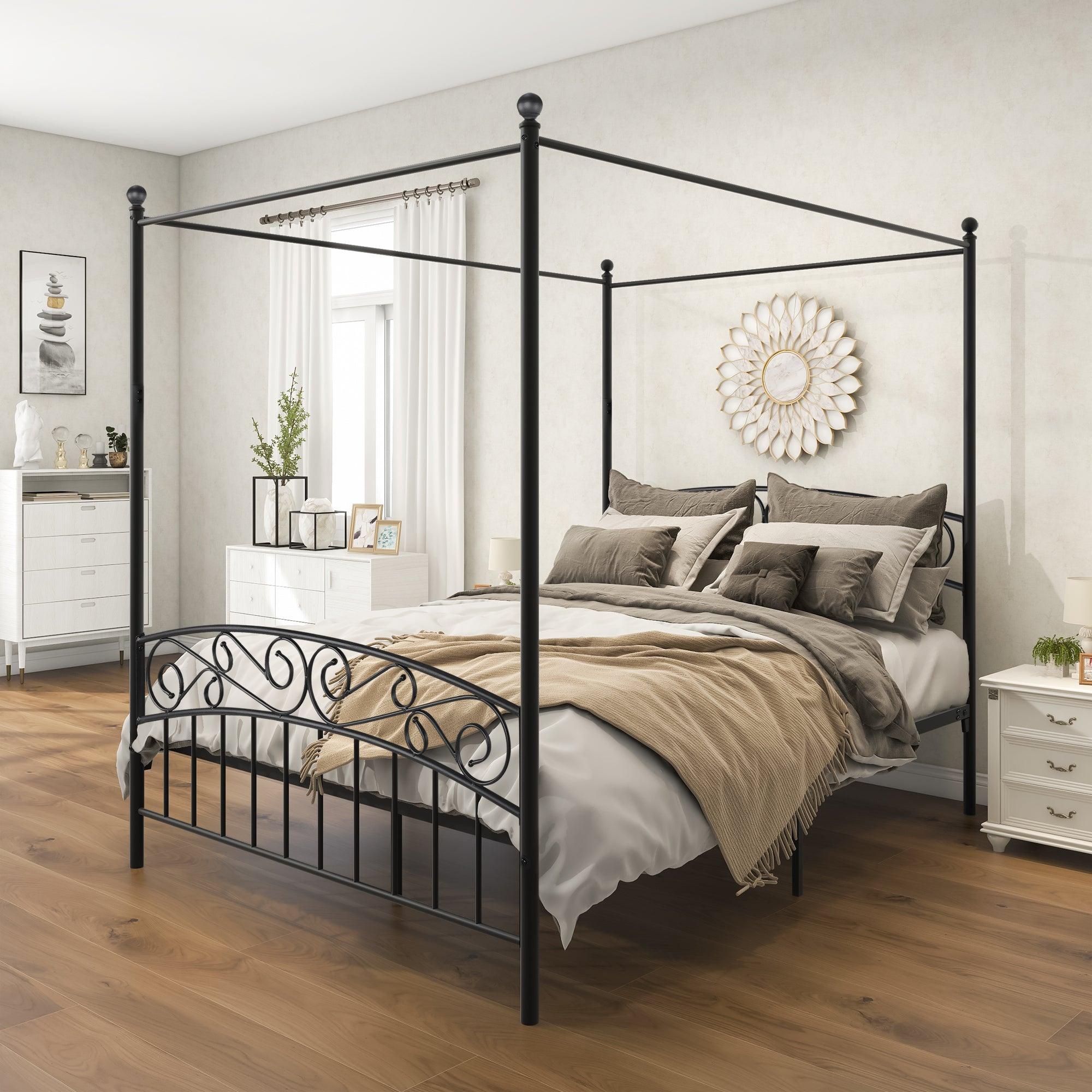 🆓🚛 Queen Size Metal Canopy Bed Frame With Headboard and Footboard, Black