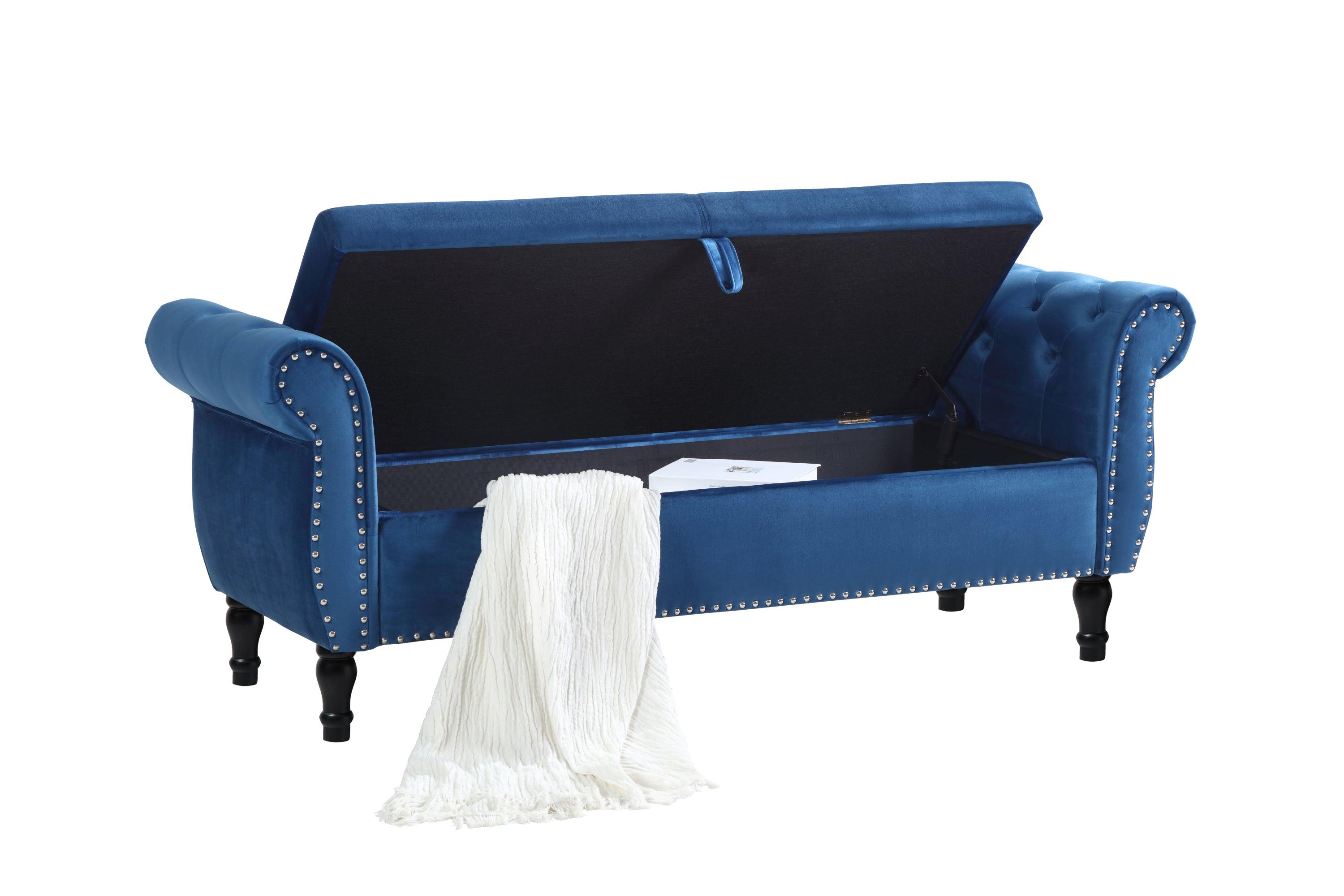 63" Velvet Multifunctional Storage Bench Rectangular Sofa Stool Buttons Tufted Nailhead Trimmed Ottoman Solid Wood Legs with 1 Pillow, Blue