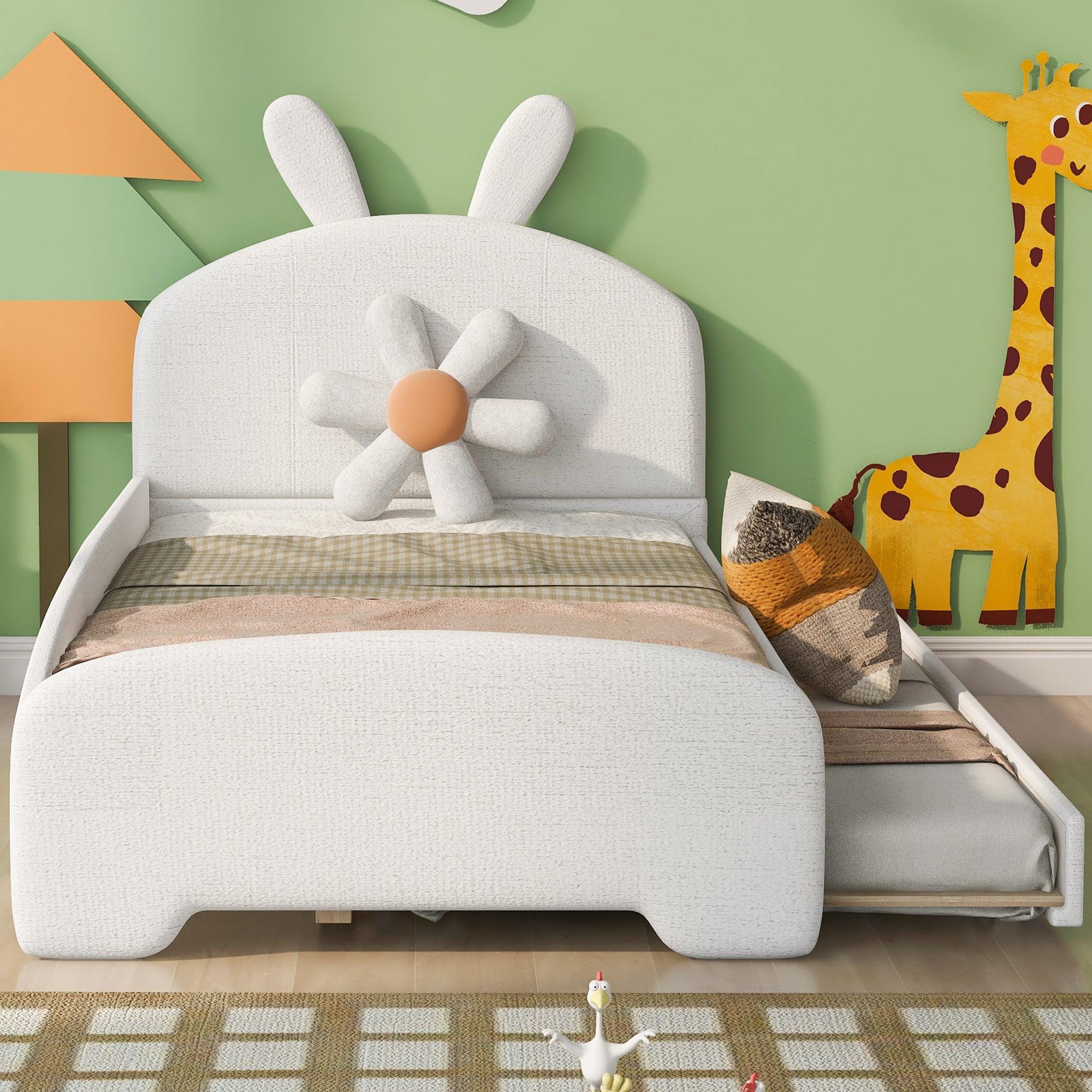 🆓🚛 Twin Size Upholstered Platform Bed With Cartoon Ears Shaped Headboard & Trundle, White