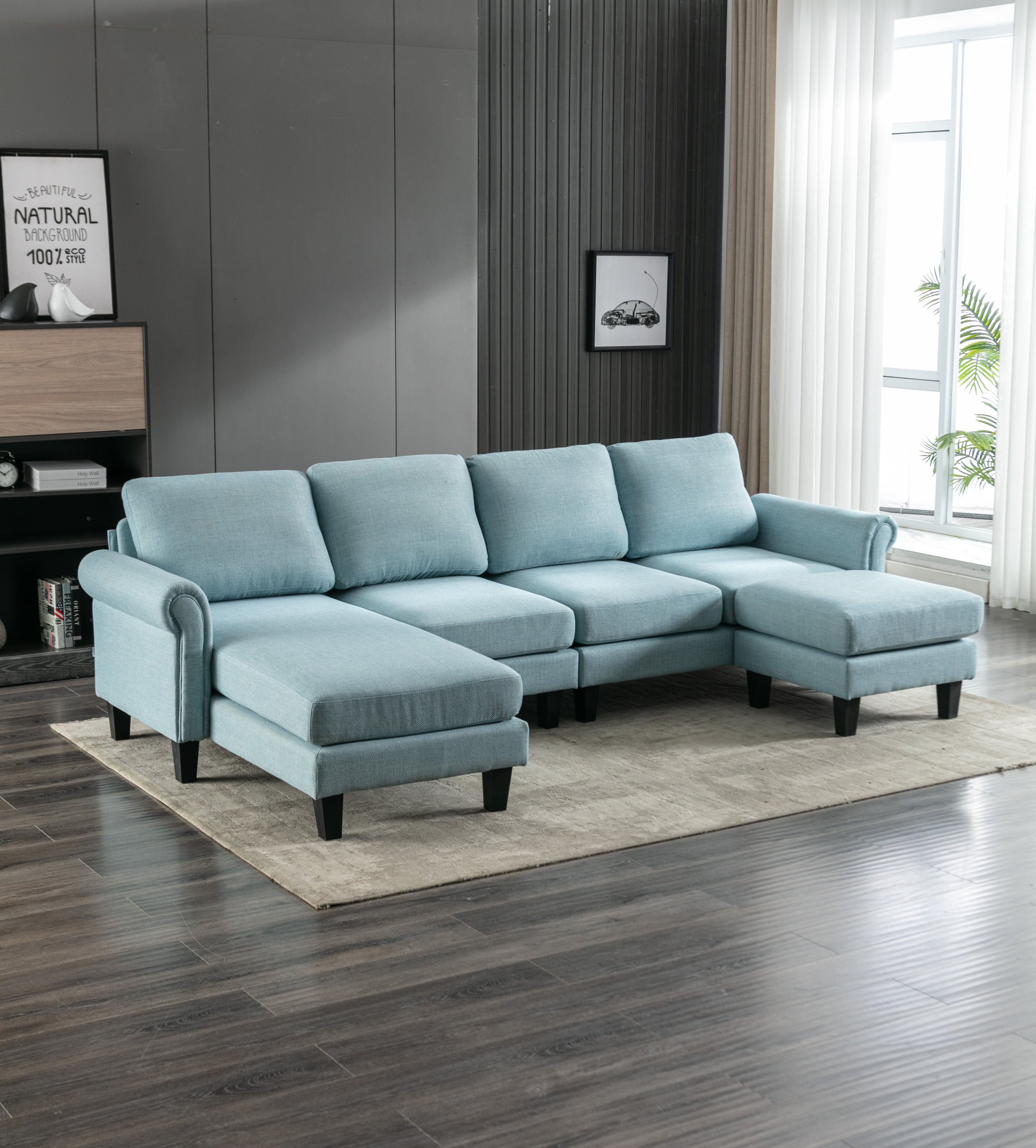 🆓🚛 108" L-Shaped 4-Seater Sectional Sofa Couch With Ottoman, Light Blue
