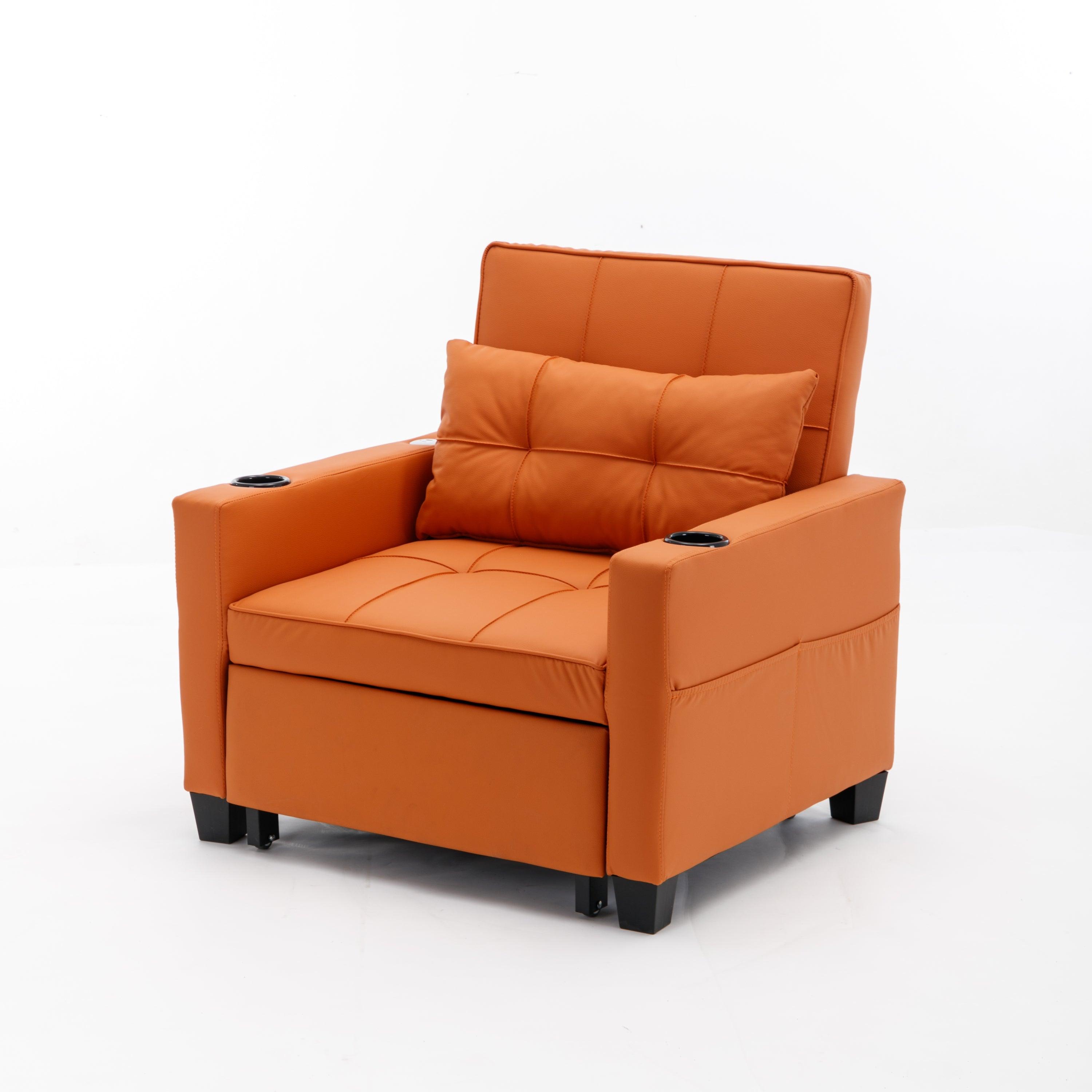 Futon Chair Bed Convertible Chair 3-in-1 Pull Out Sleeper Chair Beds with USB Ports, Wear-resistant and Anti-scratch, Armchair Bed Sleeper for Living Room (Orange Leather)