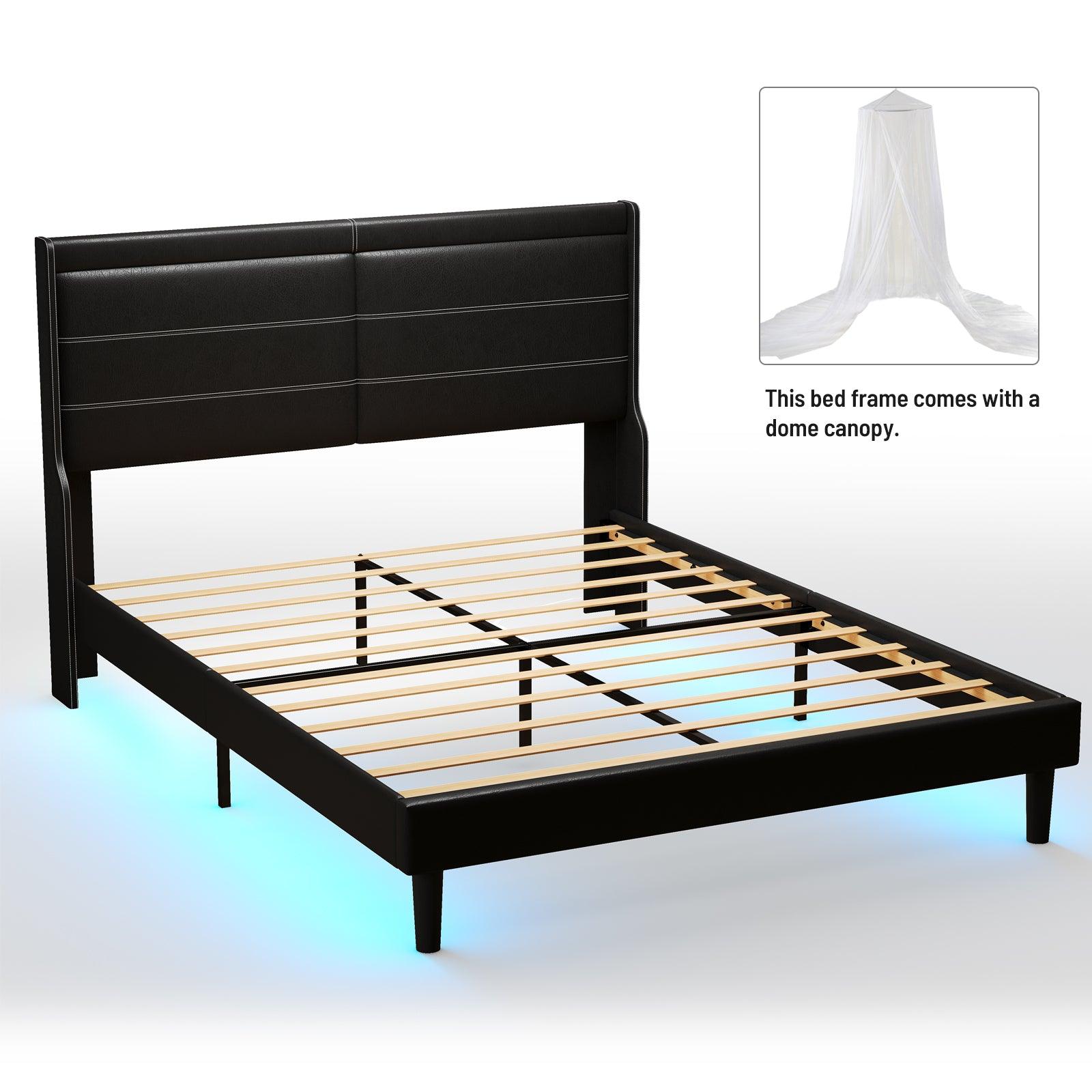 🆓🚛 Stylish Queen Size Pu Leather Upholstered Bed Frame Platform Bed With Lights Stitched Wing-Backed Headboard Strong Wooden Slats Bed Canopy No Box Spring Needed Black